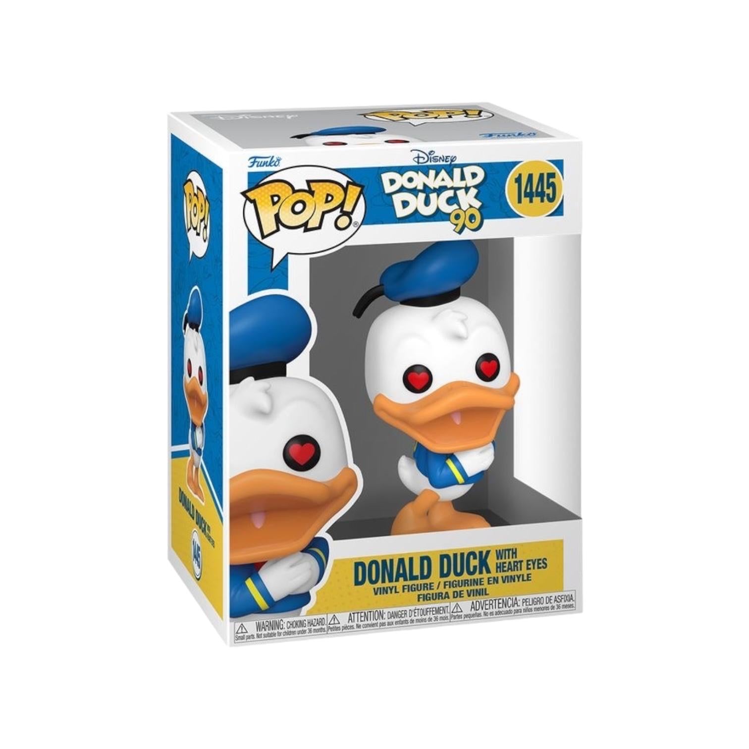 Funko Pop! of Donald Duck with heart eyes, celebrating his 90th anniversary in a cute and playful design.