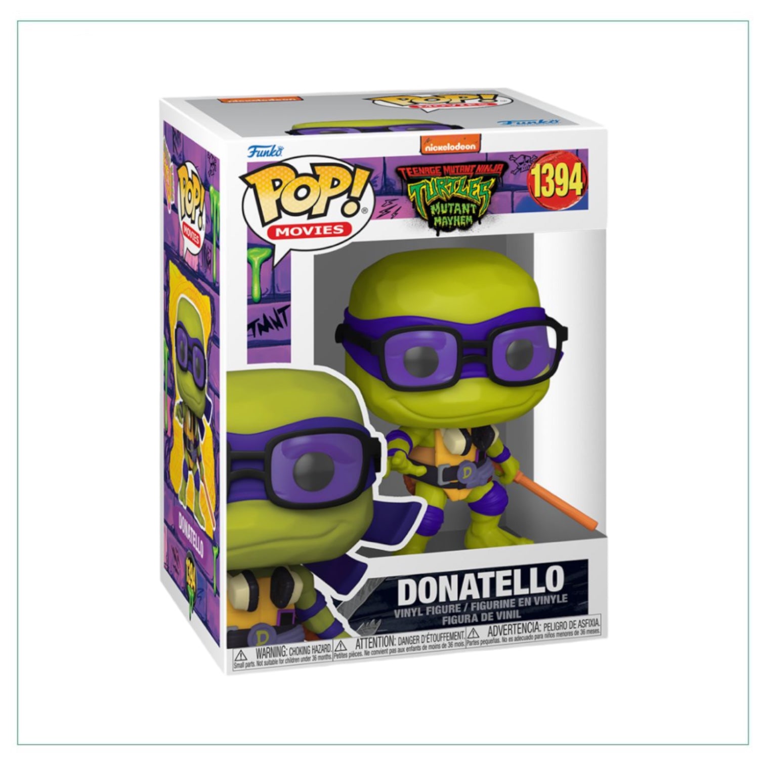 Donatello Funko Pop! #1394 from TMNT Mutant Mayhem, featuring his iconic purple mask and bo staff in a fun design.
