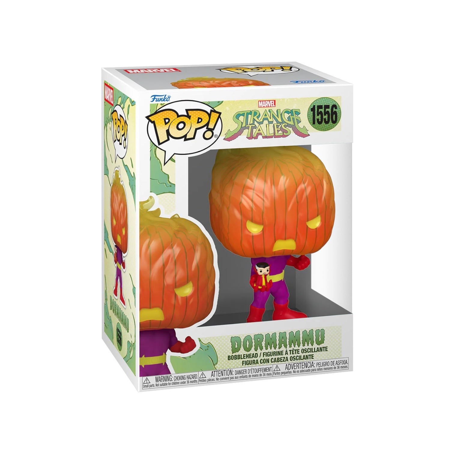 Funko Pop! vinyl figure packaging with a pumpkin and character inside, on a white background.