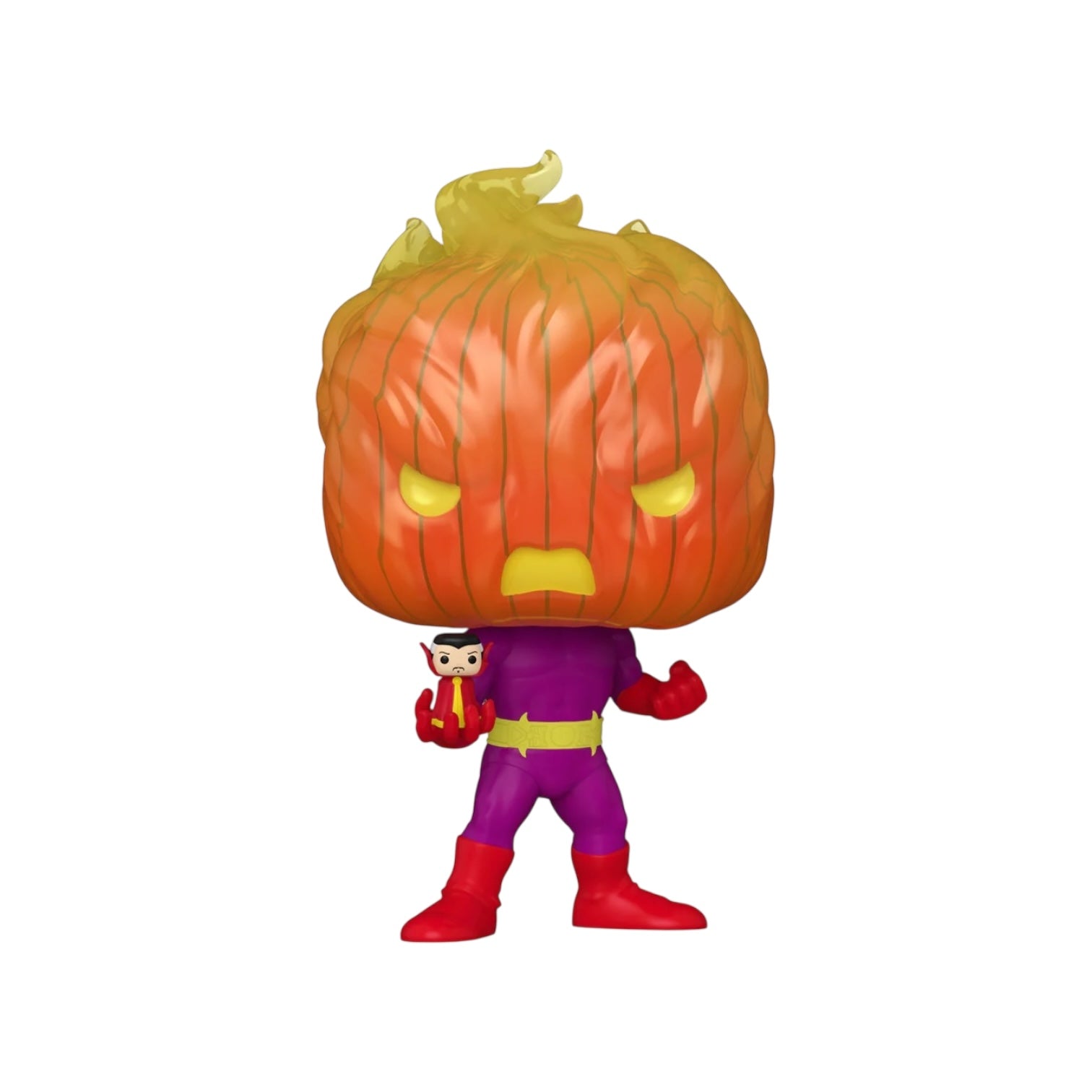 Figurine with pumpkin head and superhero costume on a white background