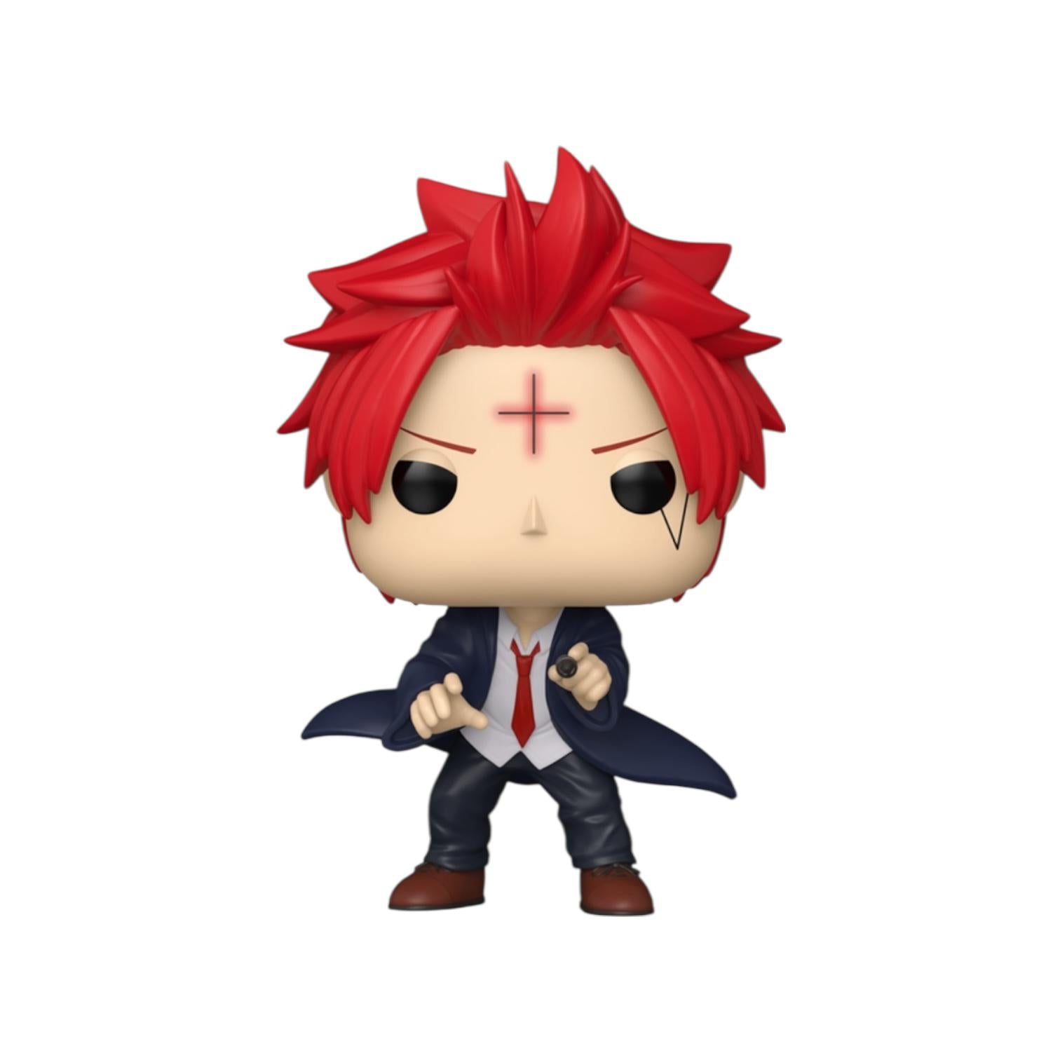 Funko Pop! vinyl figure with red hair and a cross on the forehead, wearing a suit.