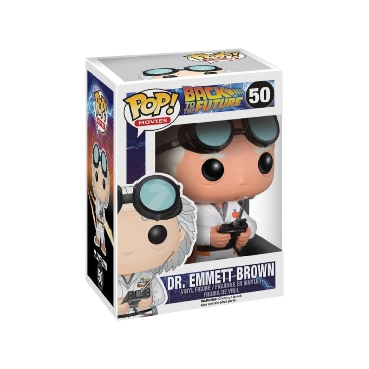 Funko Pop! figure of Dr. Emmett Brown from Back to the Future, showcasing his iconic hairstyle and time travel attire.