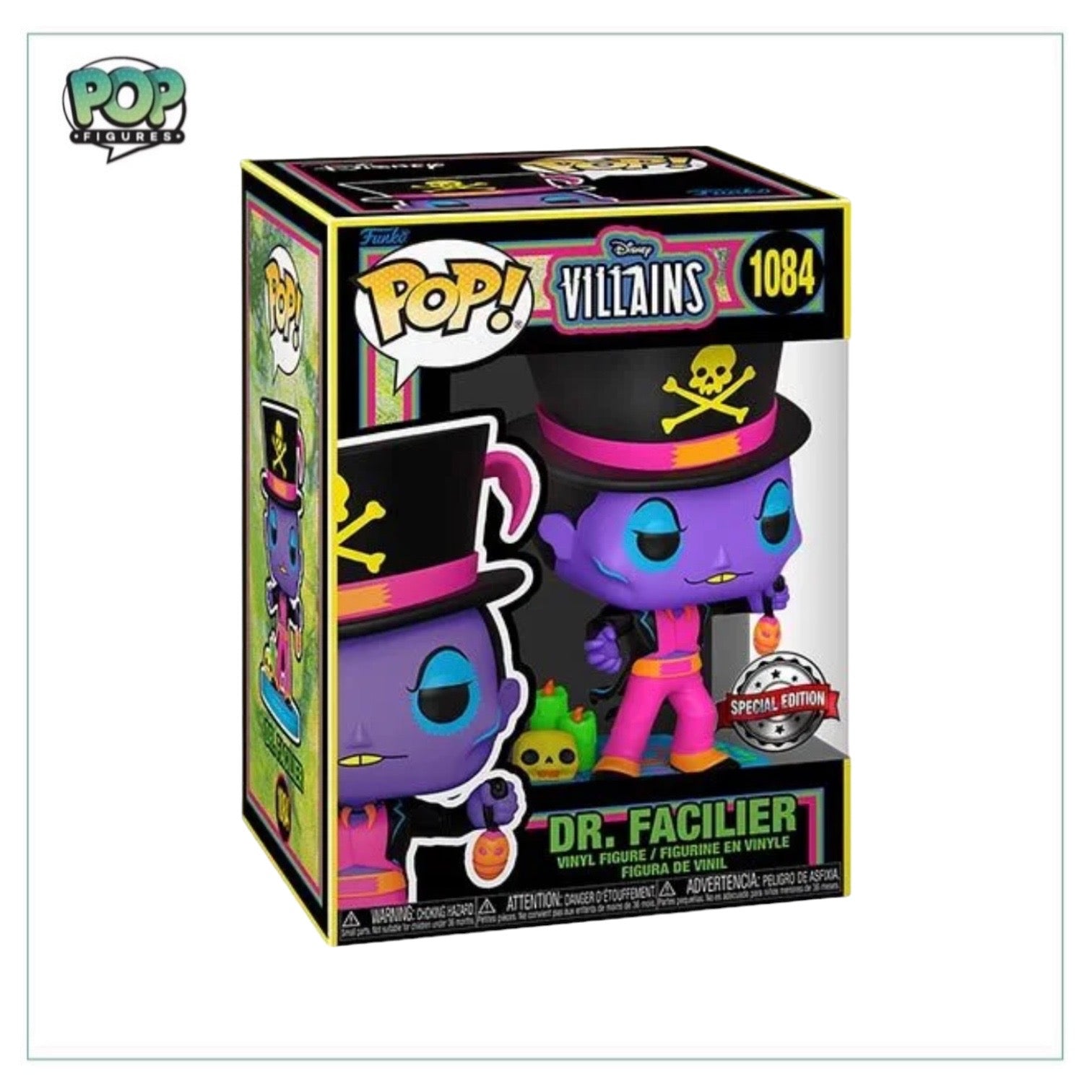 Dr. Facilier Funko Pop! figure in black light style, showcasing the Disney villain with vibrant colors and details.