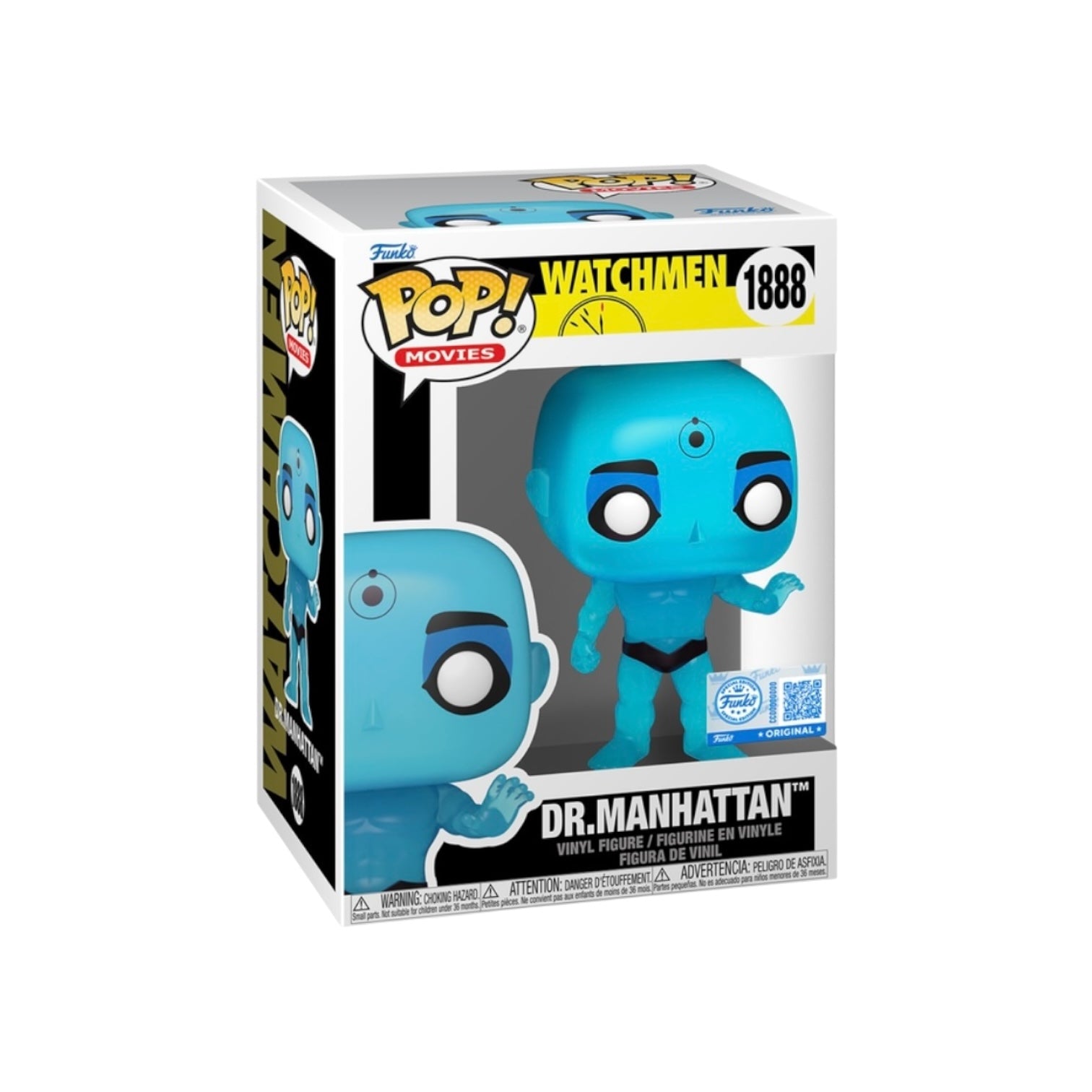 Funko Pop! Dr. Manhattan figure packaging from Watchmen series on a white background