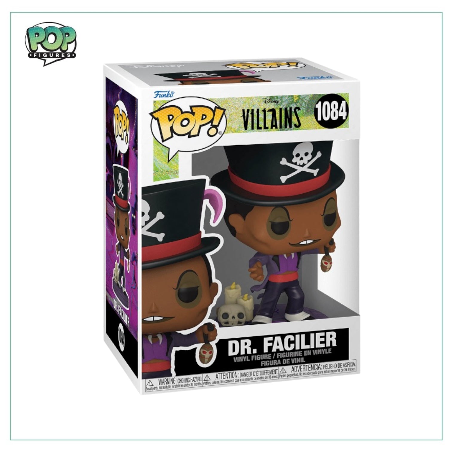 Dr. Facilier Funko Pop! figure from Disney Villains, featuring his signature hat and mischievous grin.