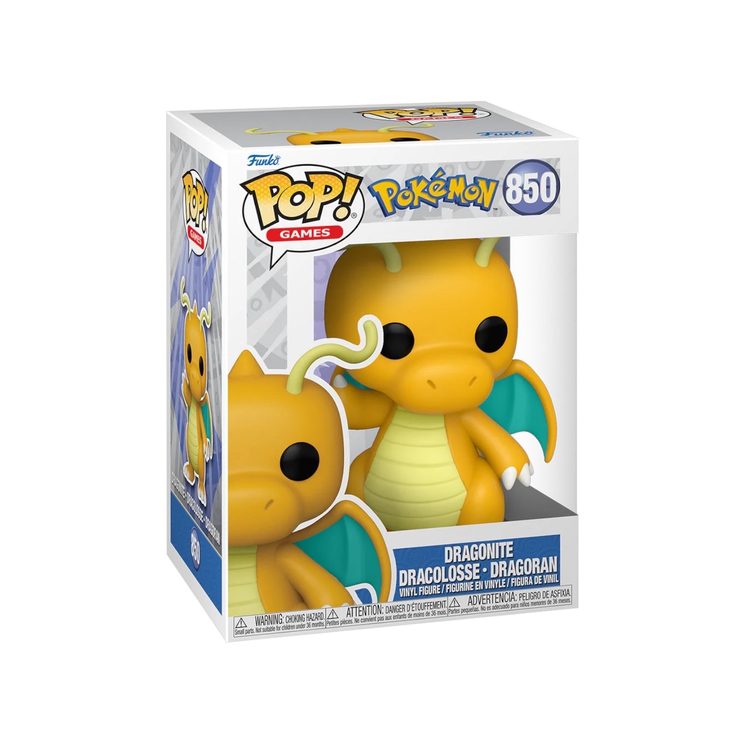 Funko Pop! of Dragonite from Pokémon, showcasing the adorable dragon character with wings and a cheerful smile.