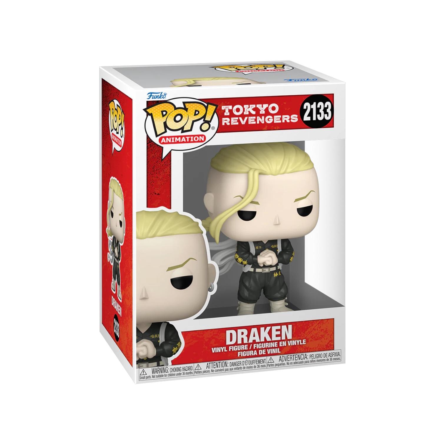Funko Pop! vinyl figure packaging for Draken from Tokyo Revengers with red and white design.