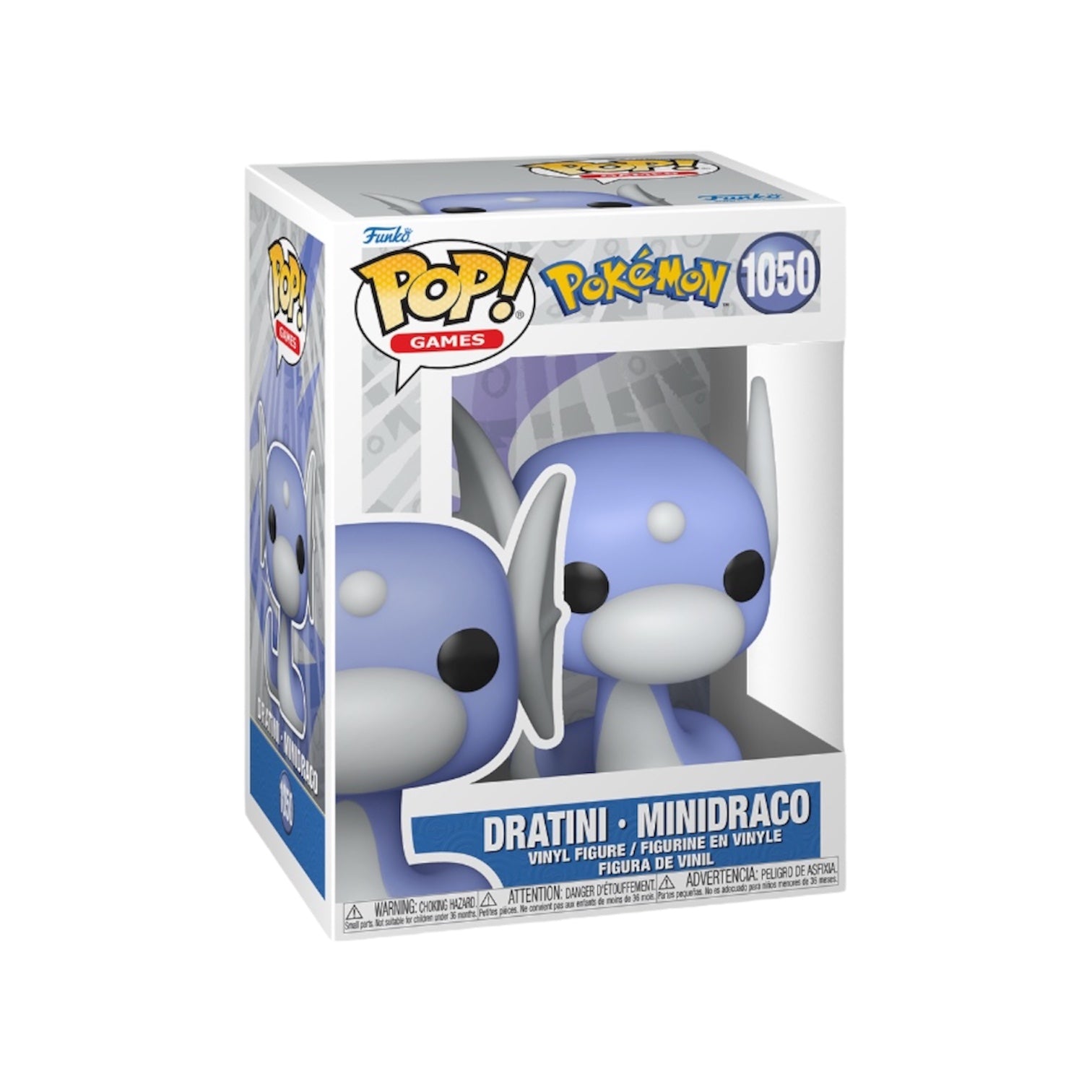 Dratini Funko Pop figure, a cute blue Pokémon with large eyes and a curled tail, standing on a display base.