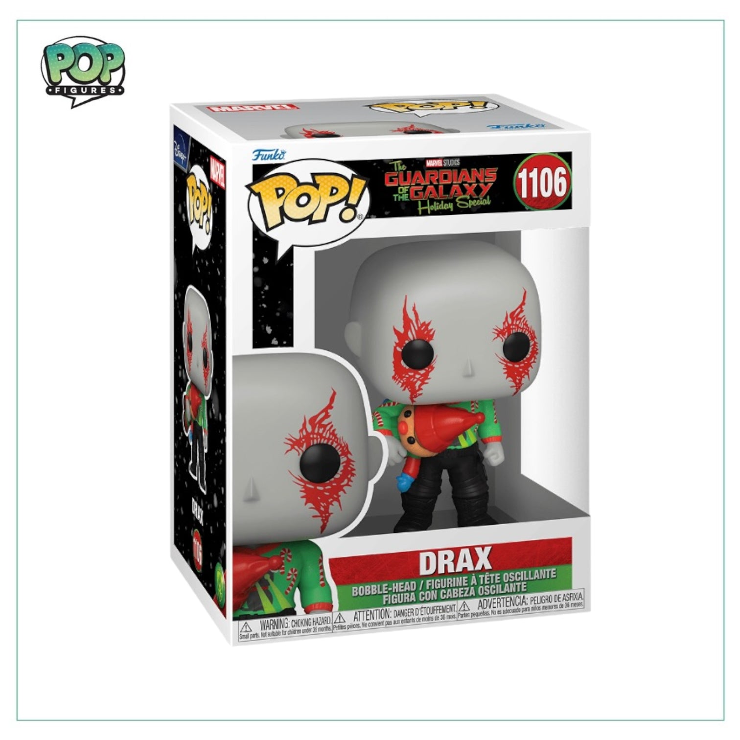 Drax #1106 Funko Pop! collectible from Guardians of the Galaxy Holiday Special, showcasing a playful holiday design.