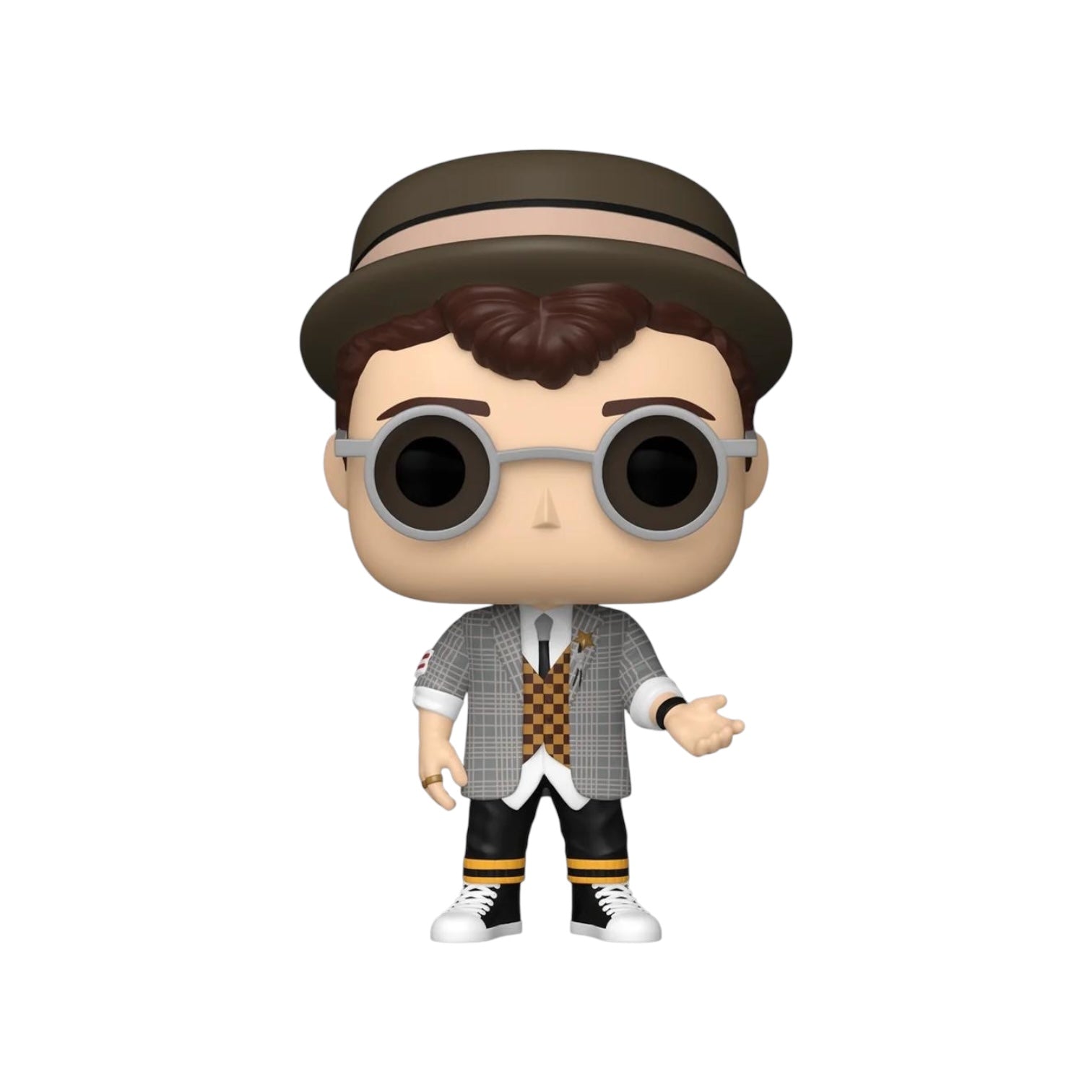 Dale wearing white shirt black tie and checked waist coat under a dogtooth jacket, with a hat and glass