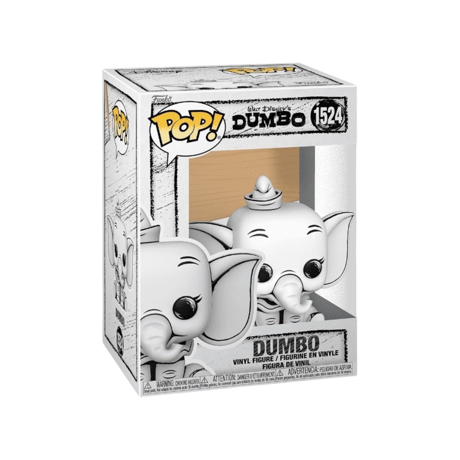 hand-sketched black and white design of Dumbo in a funko pop