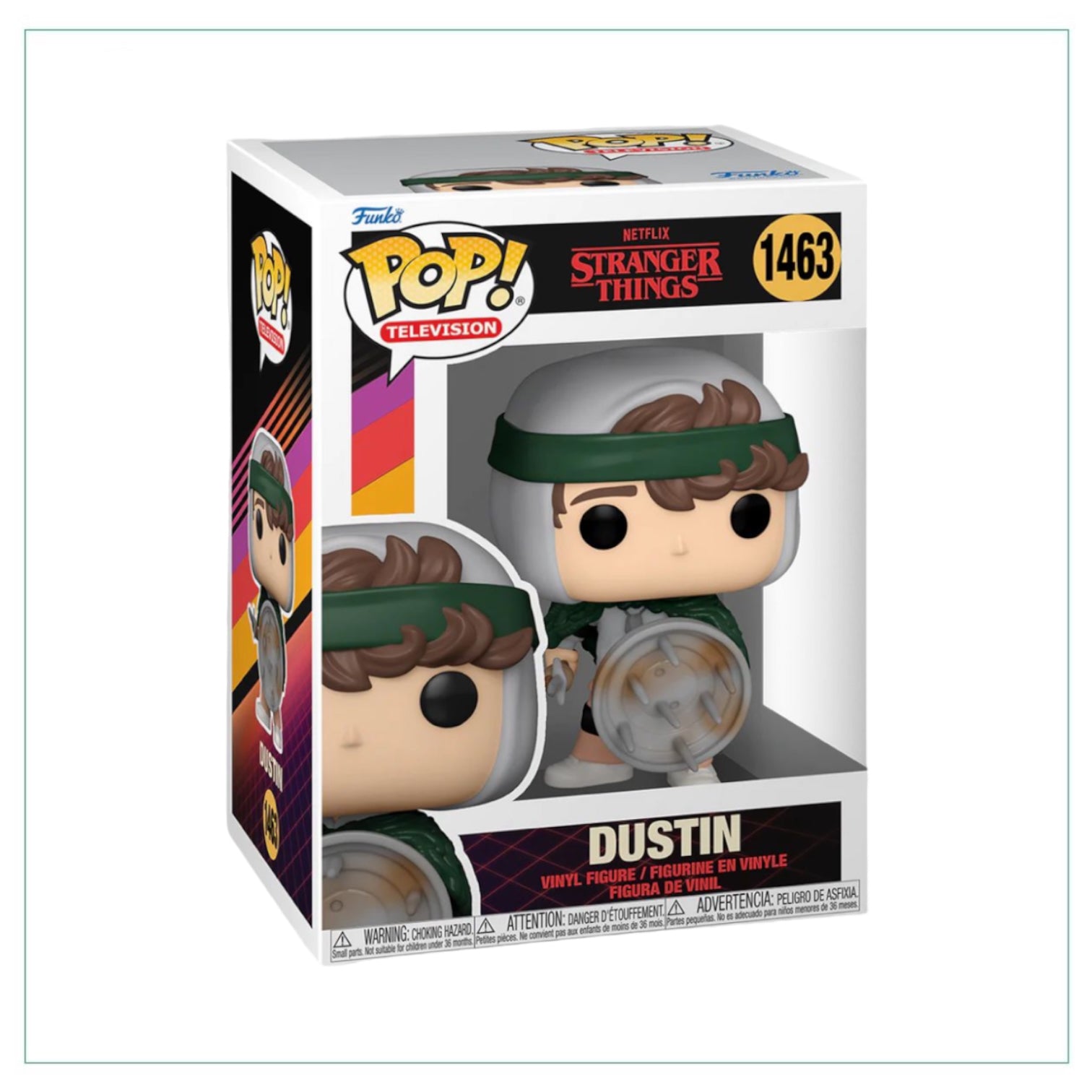 Funko Pop! of Dustin #1463 from Stranger Things, holding a shield and showcasing his signature style.
