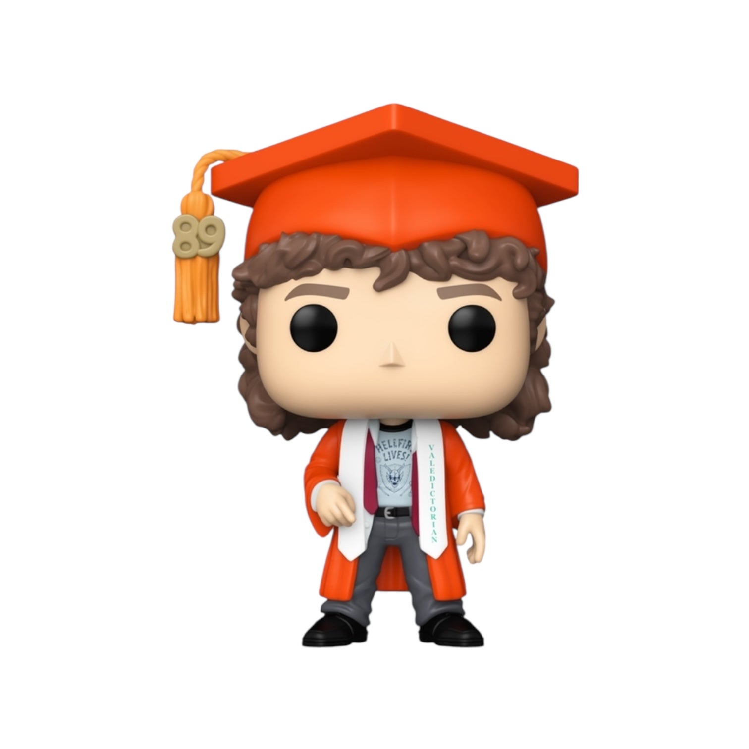 Figurine of a person in graduation attire with an orange cap and gown on a white background