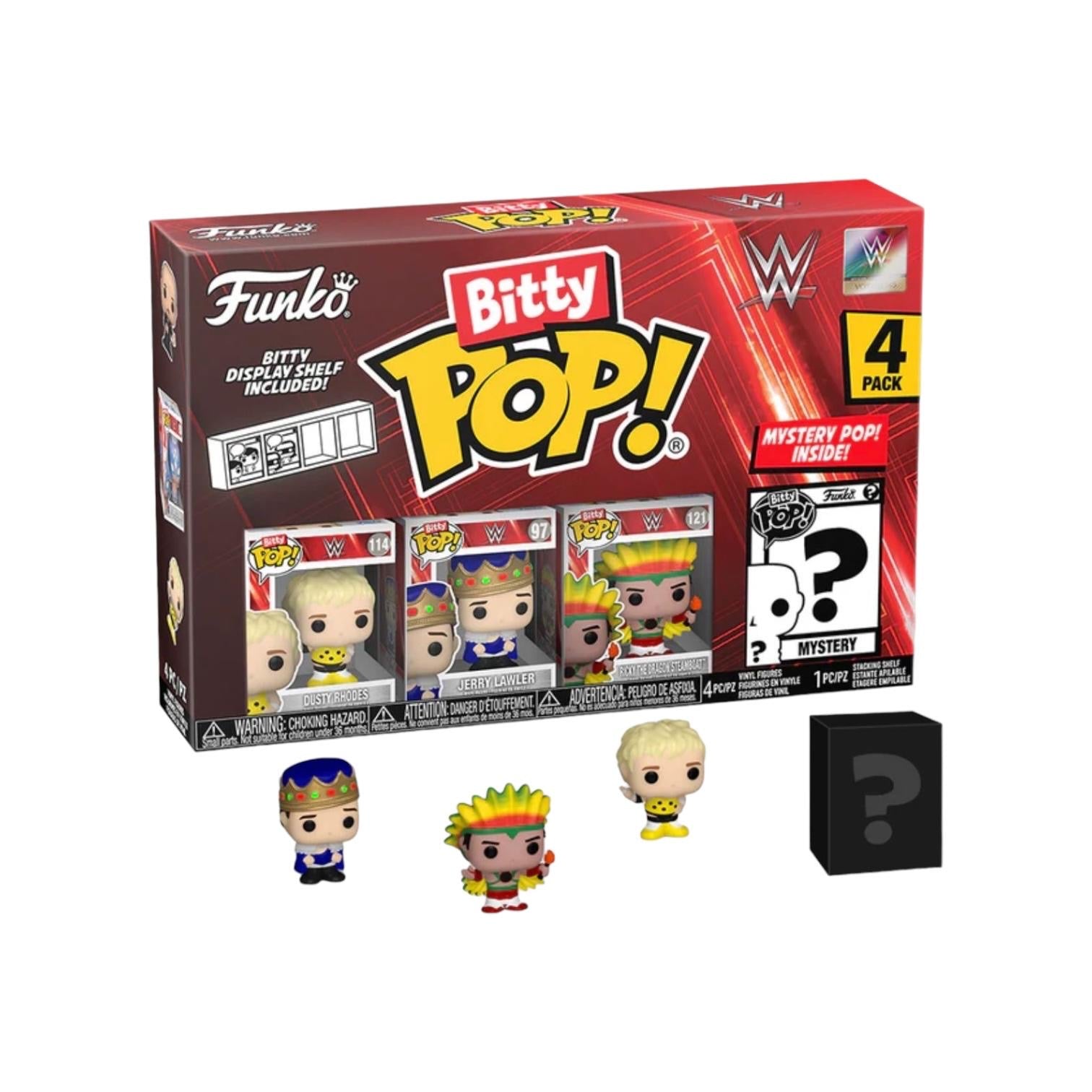 Set of four Dusty Rhodes Bitty Funko POP! figures from WWE, with a possibility of finding exclusive chase editions.