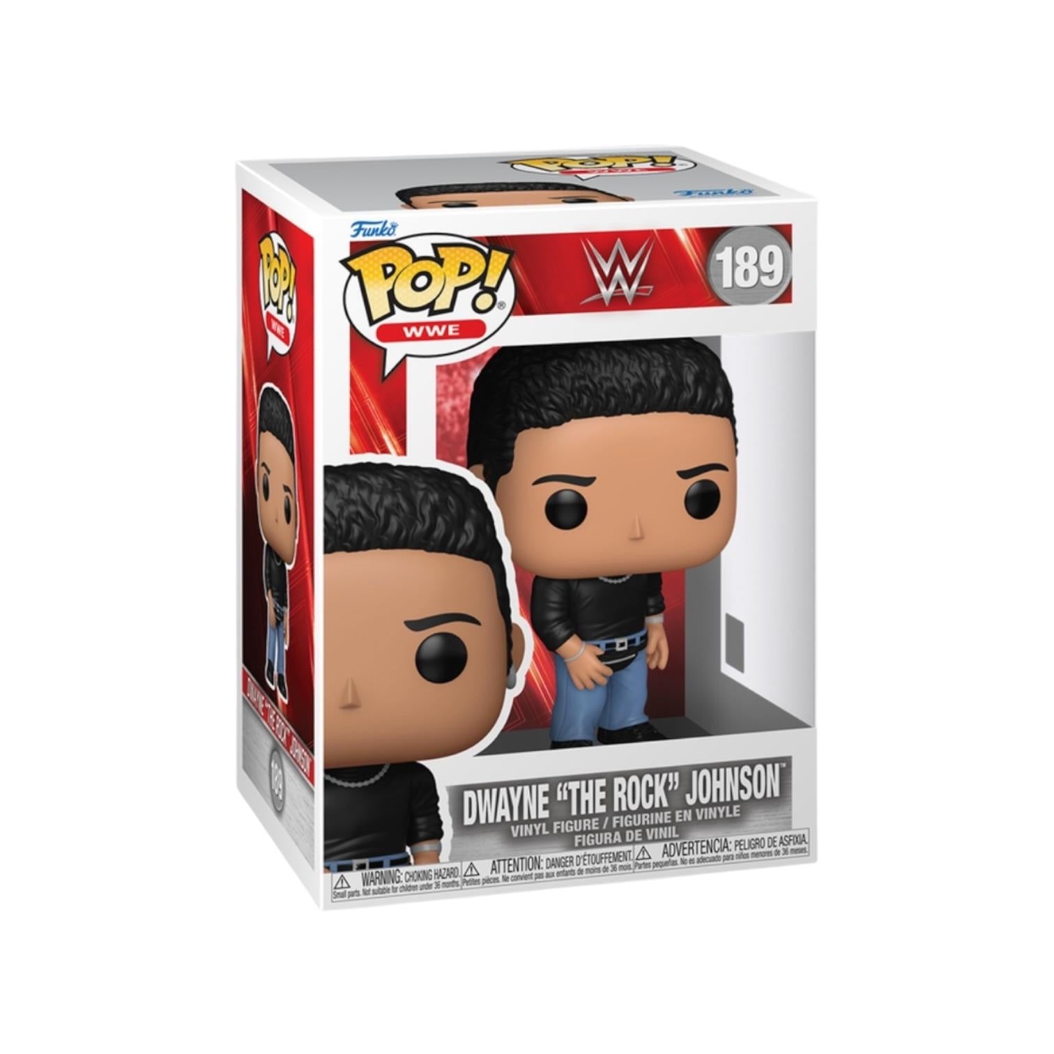 Funko Pop! vinyl figure packaging featuring Dwayne 'The Rock' Johnson with WWE branding.