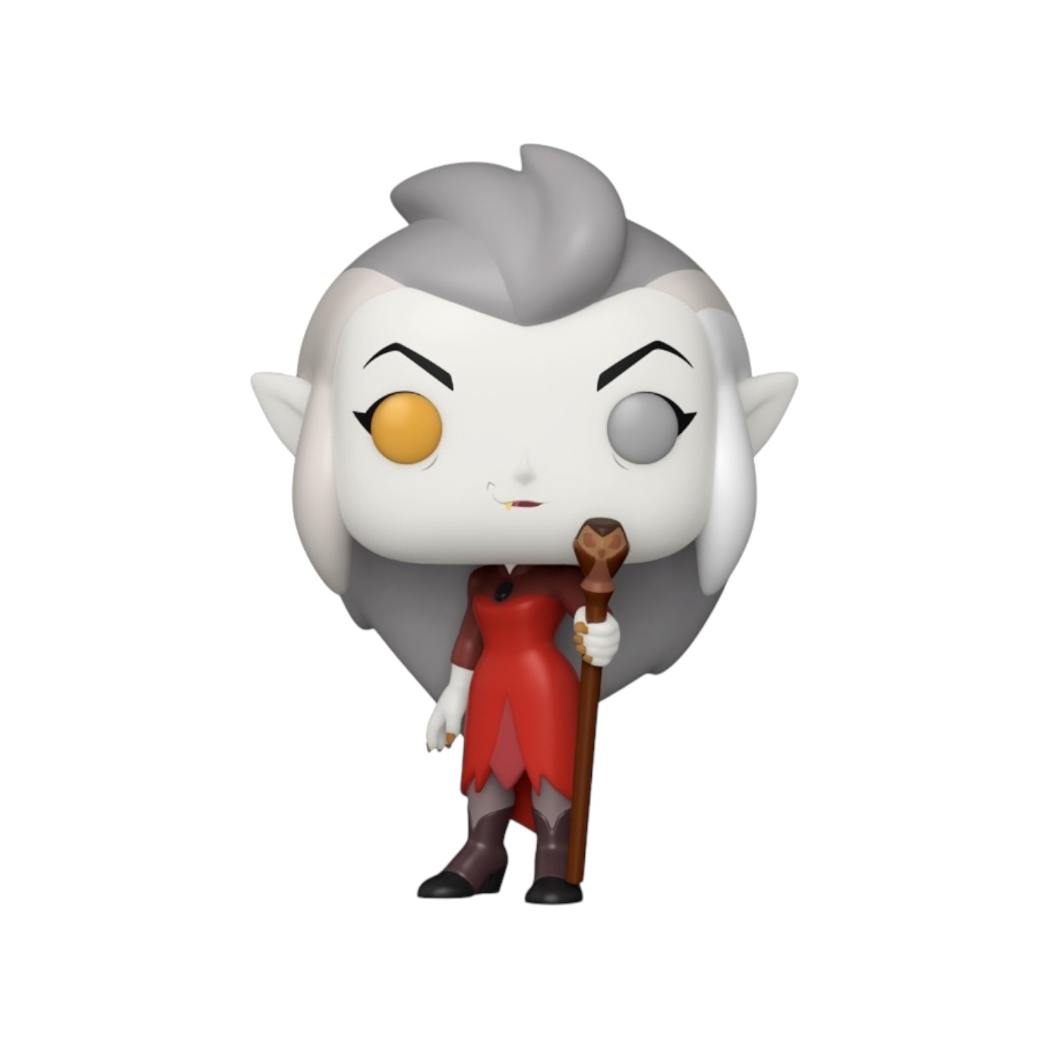 Eda with one gold eye and bright red dress holding a staff with a owl topper