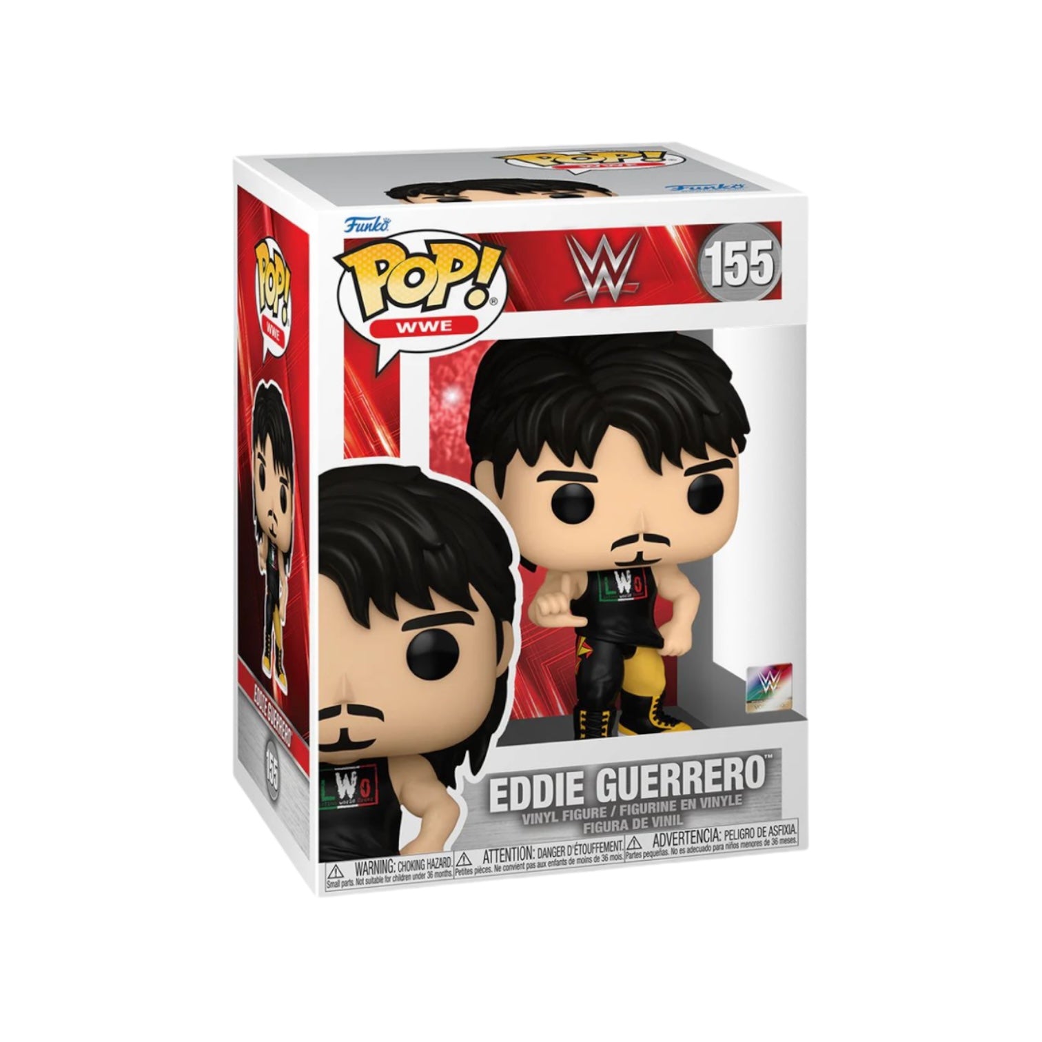 Funko Pop! figure of Eddie Guerrero #155, showcasing his iconic wrestling attire and charismatic smile.