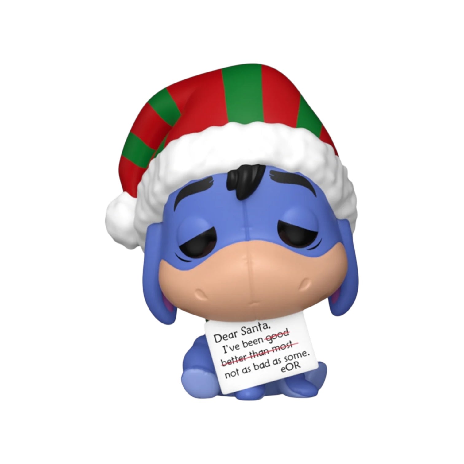 Blue character figurine with a Christmas hat and a letter on a white background