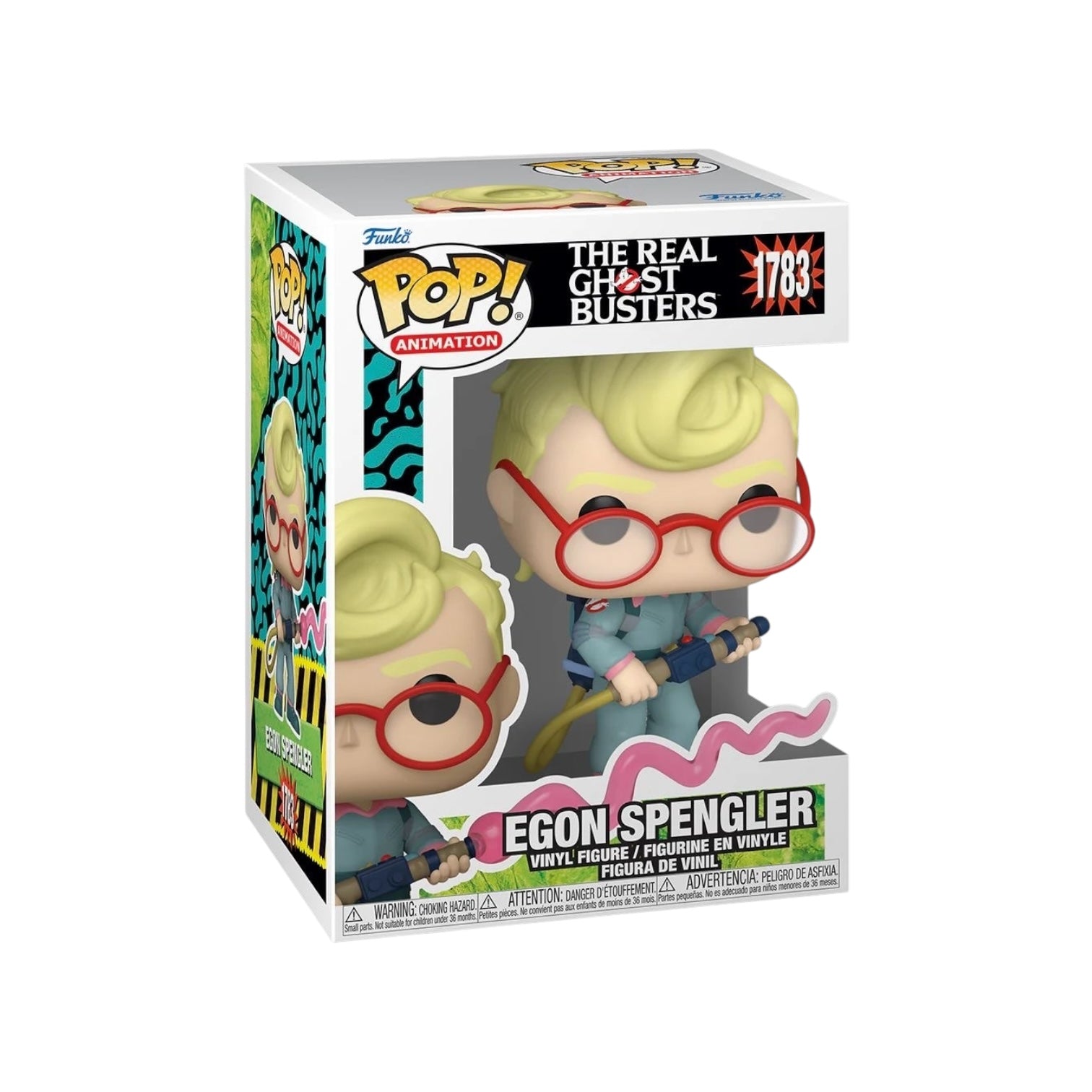 Egon in his green overalls holding his ghost busting equipment.