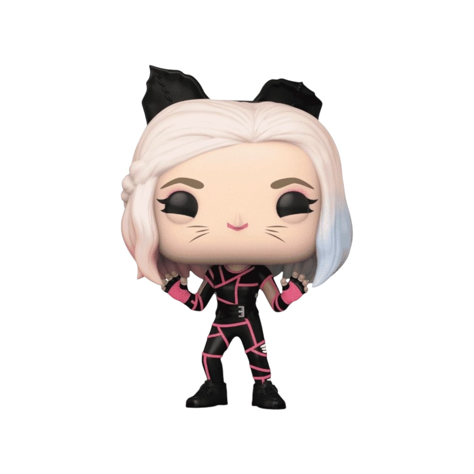 Enid wearing a black catsuit with pink detail