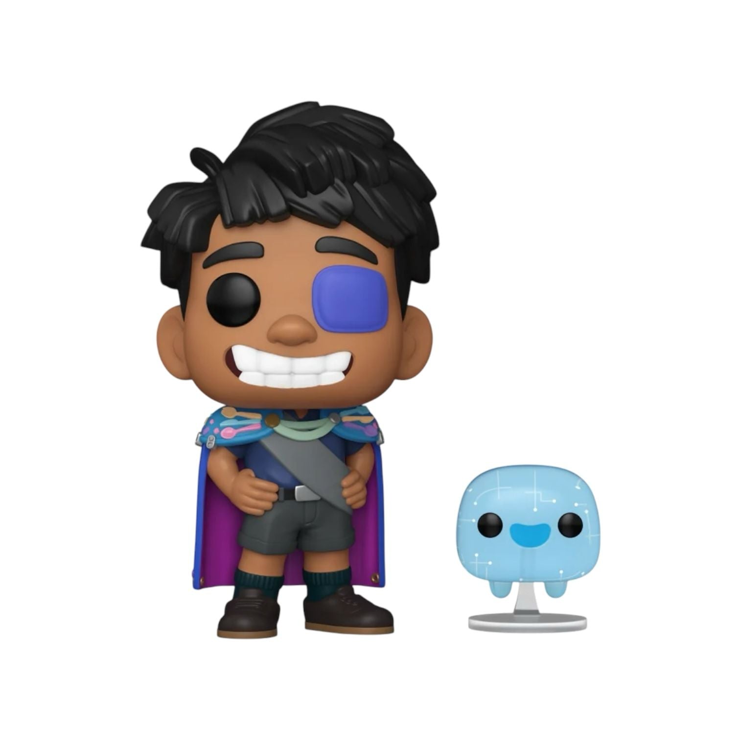 Elio with ooooo Funko pop out of box Elio wearing a blue eye patch a purple cloak and black boots and ooooo the blues sparkle pet