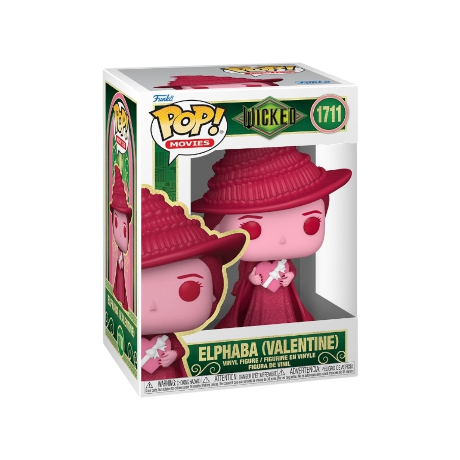 A all pink version of Elphaba hold a white and pink heart shaped chocolate box, In External Packaging