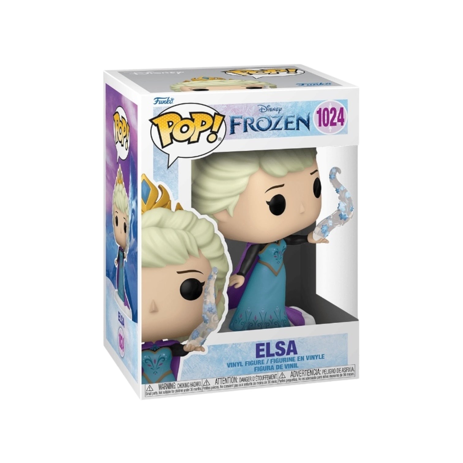 Elsa Funko Pop! figure #1024 from Frozen, featuring her iconic blue dress and braided hair, stands on a display base.