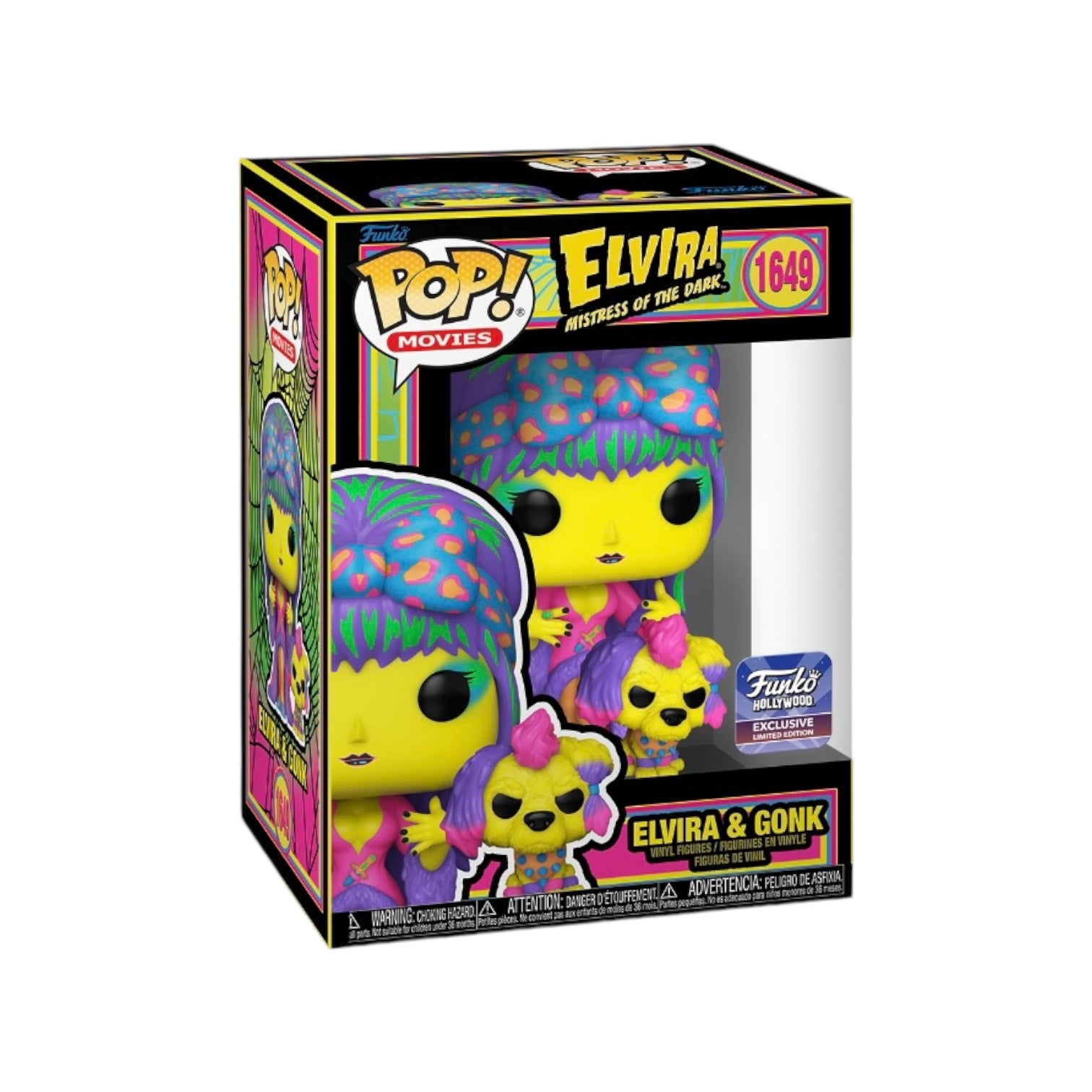 Funko Pop! of Elvira, the Mistress of the Dark, in black light design, a special edition from Funko Hollywood.