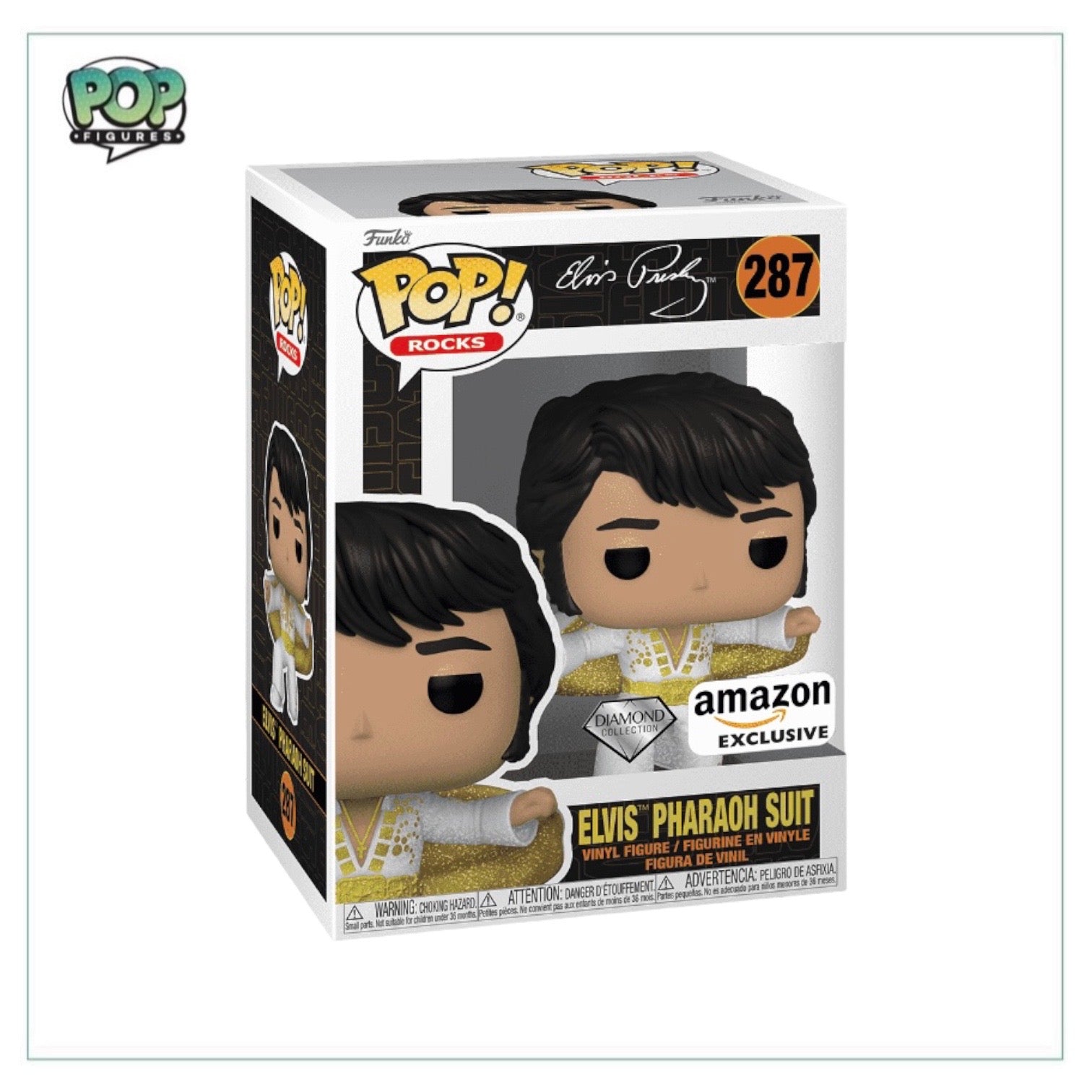 Funko Pop! Elvis Pharaoh Suit #287 from the Diamond Collection, an Amazon Exclusive, showcasing a unique rock-inspired design.