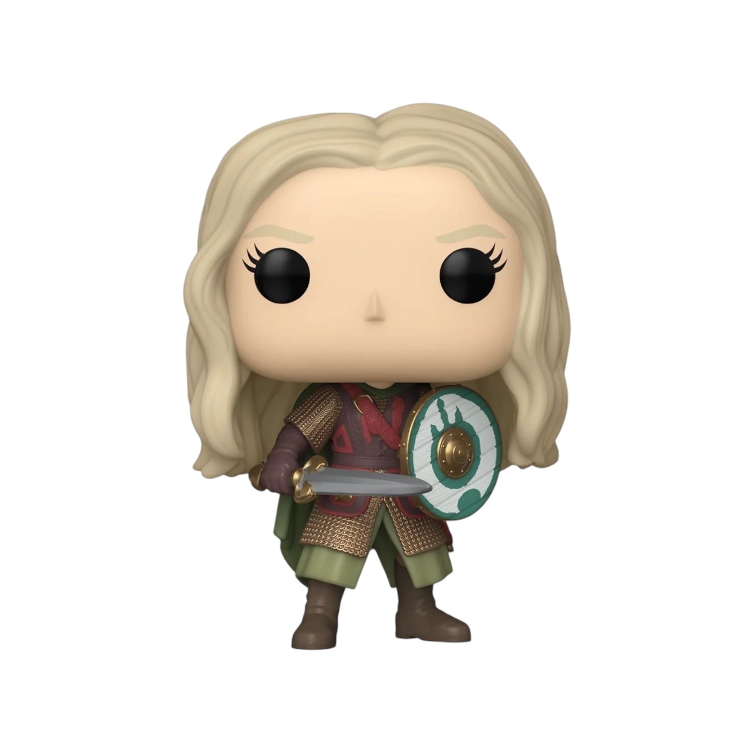 Eowyn wearing battle attire holding a sword and shield , out of outer packaging