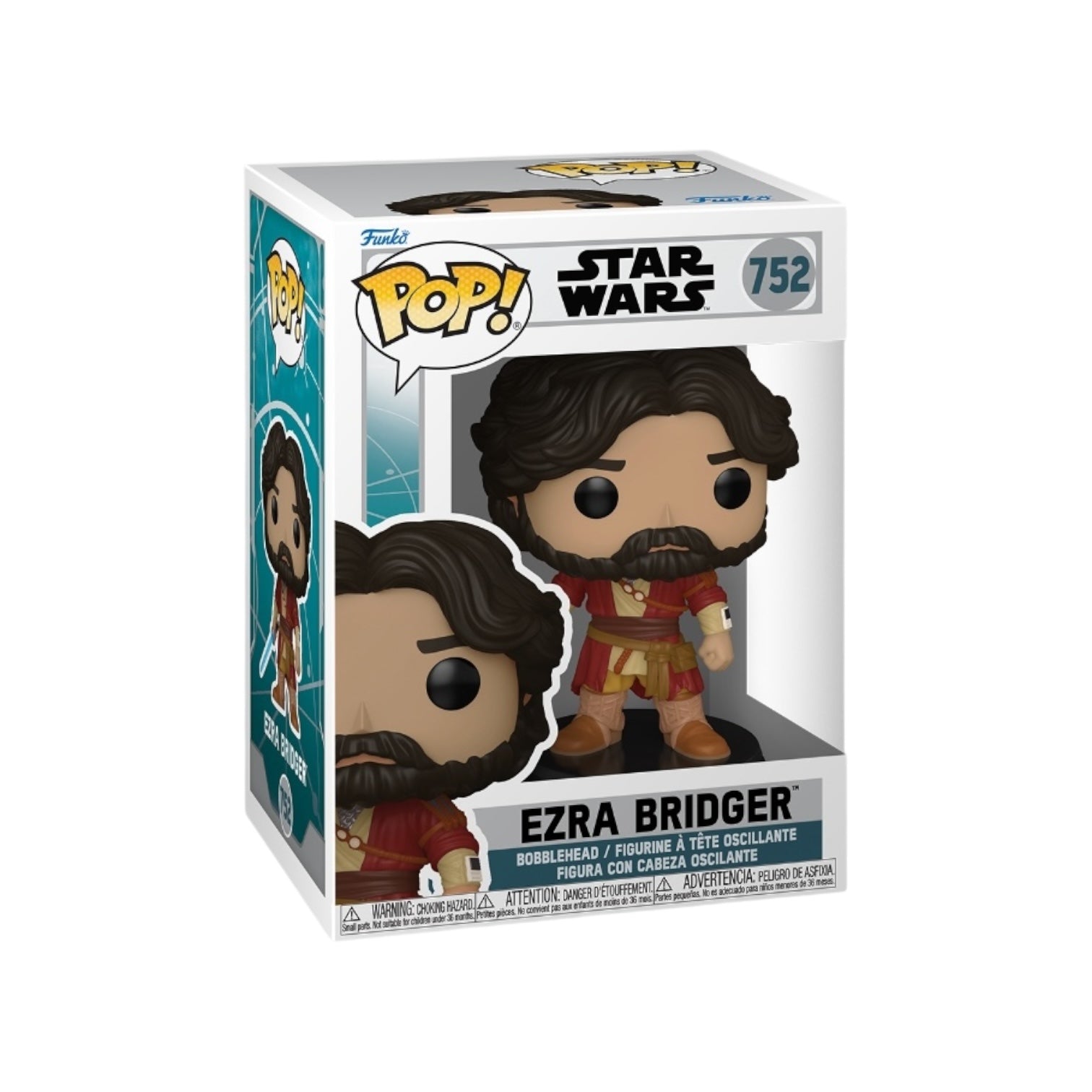 Ezra Bridger wearing a red over coat with a brown satchel holding a blue sabar in his right hand. Displaying in his external packaging
