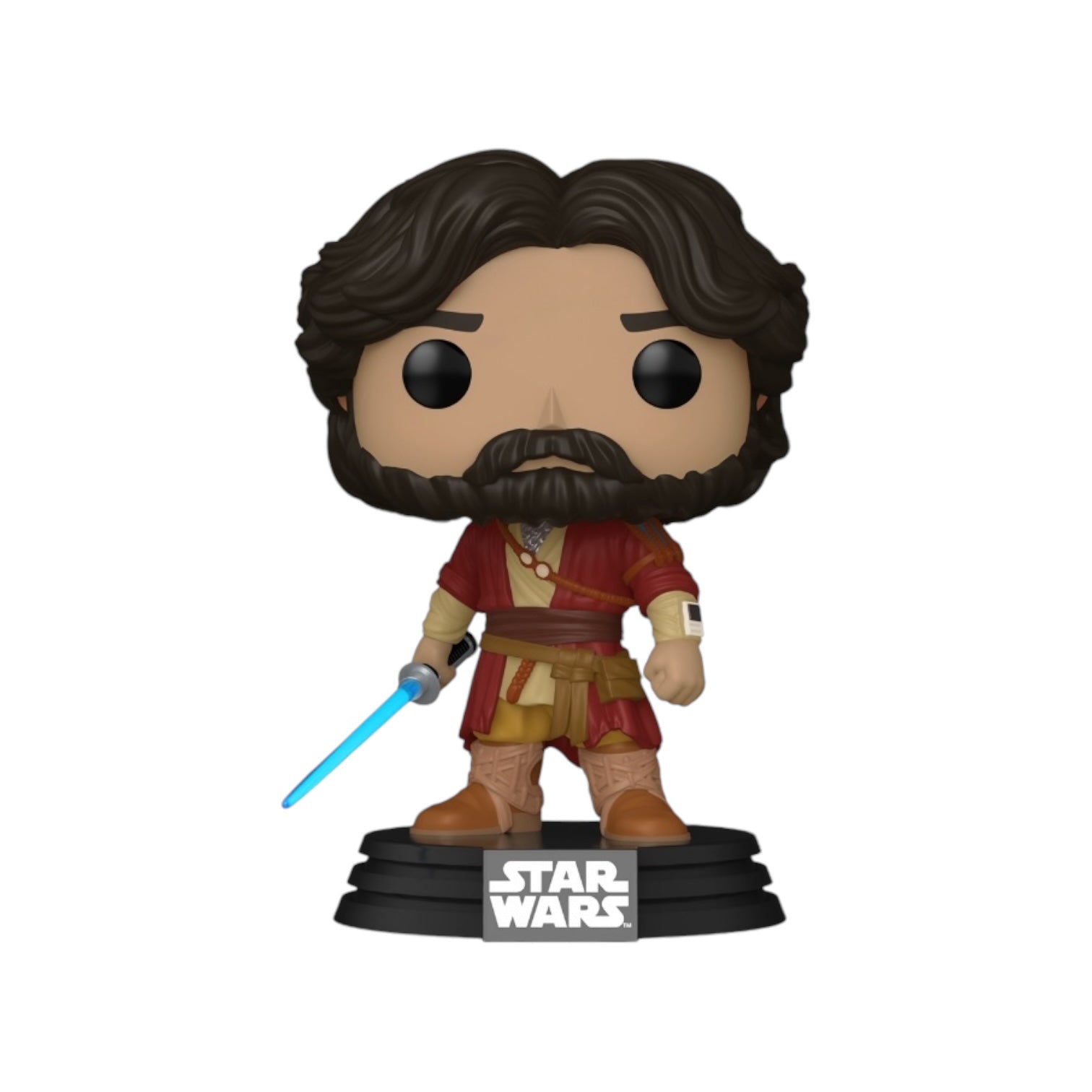 Ezra Bridger wearing a red over coat with a brown satchel holding a blue sabar in his right hand, out of his external packaging