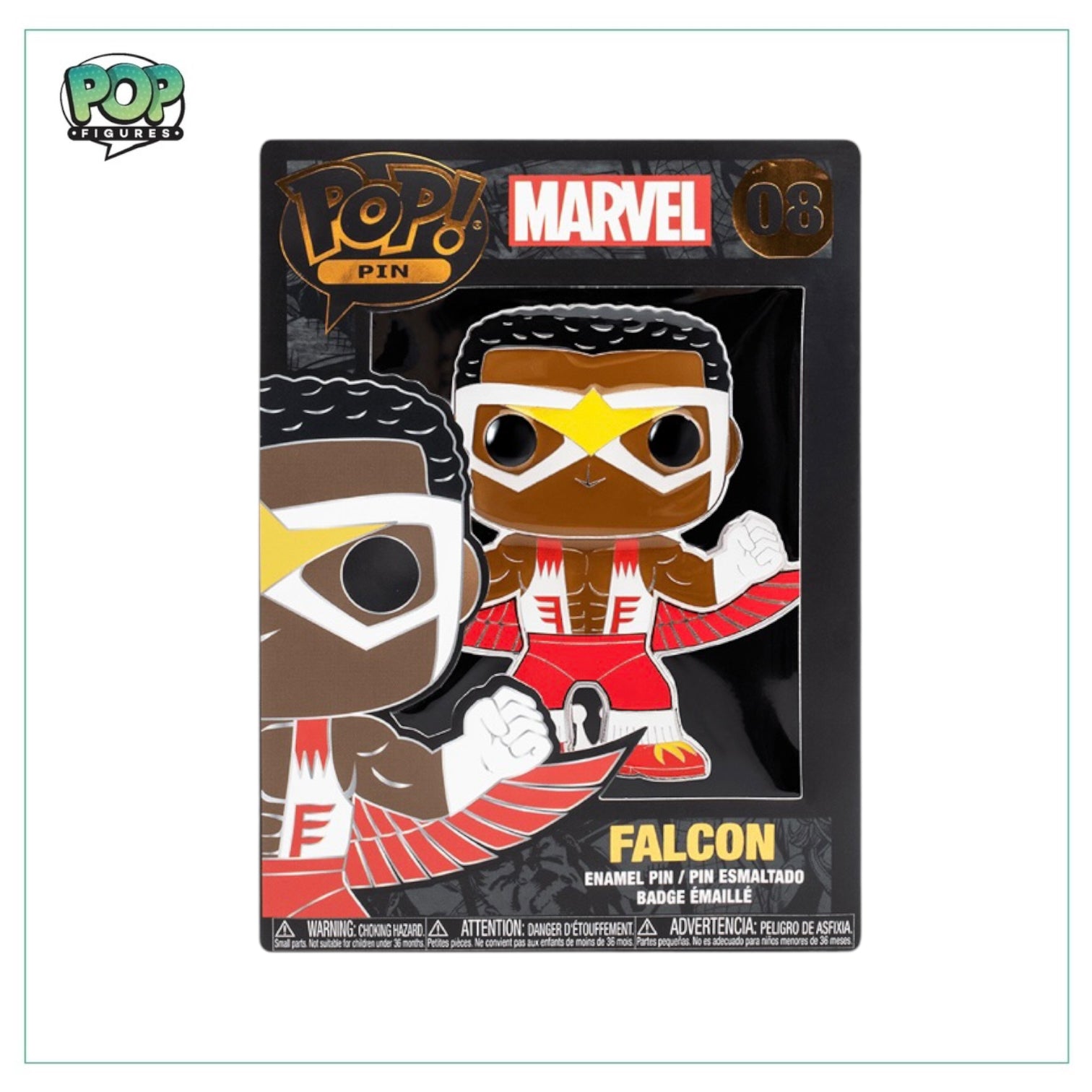 Falcon #08 Funko enamel pin featuring the Marvel superhero in vibrant colors, perfect for collectors and fans.