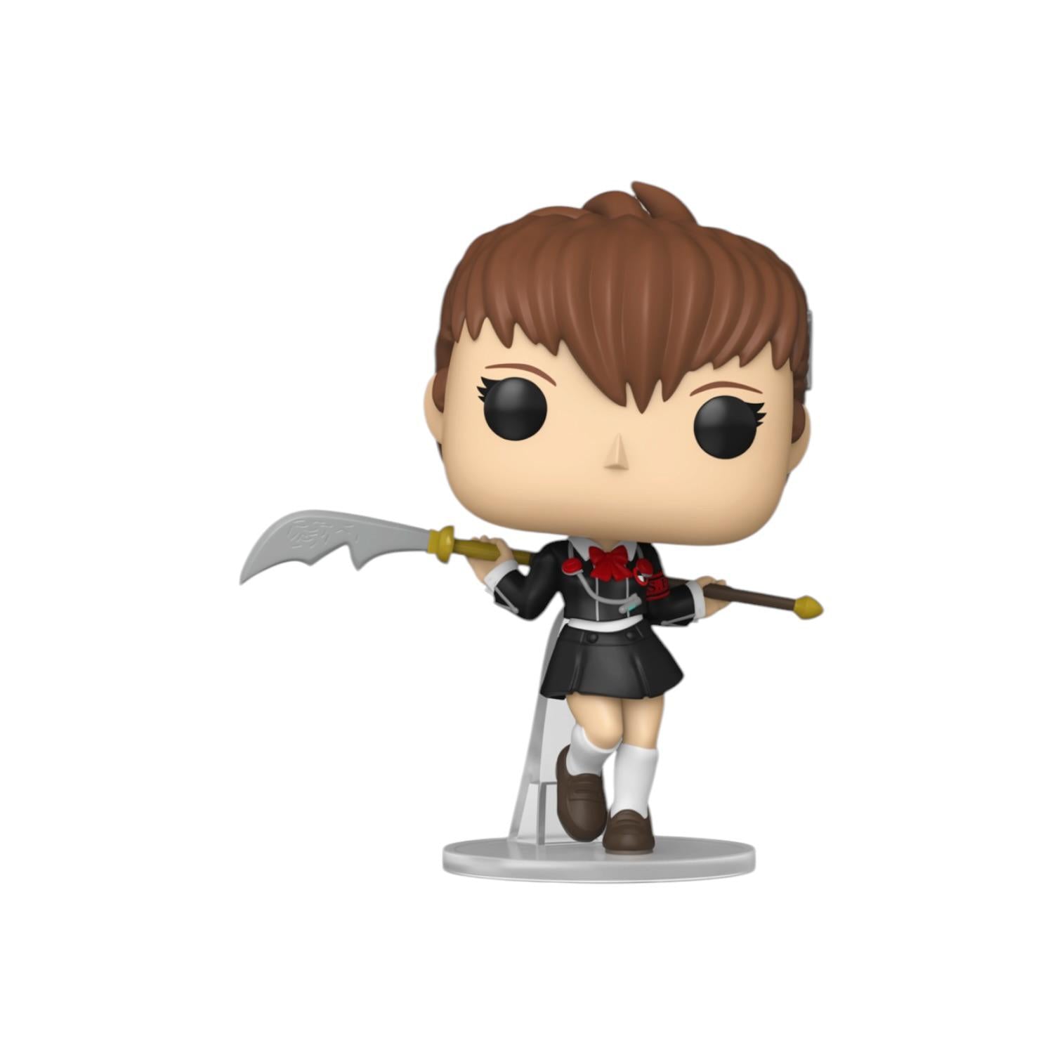 Figurine of a character with brown hair and a sword on a white background