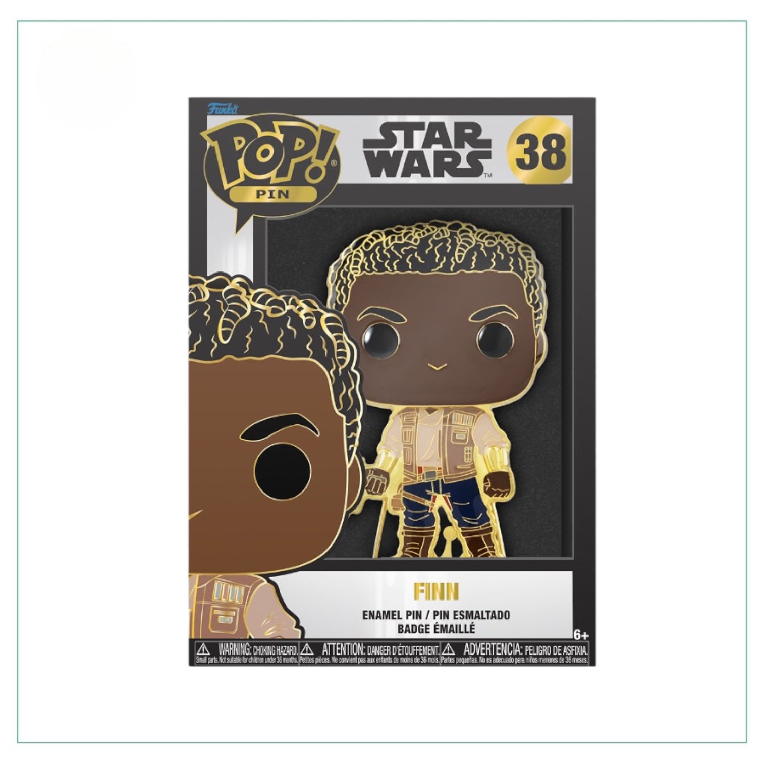 . Collectible Finn #38 Funko Enamel Pop! Pin from Star Wars, showcasing the iconic character in vibrant colors.