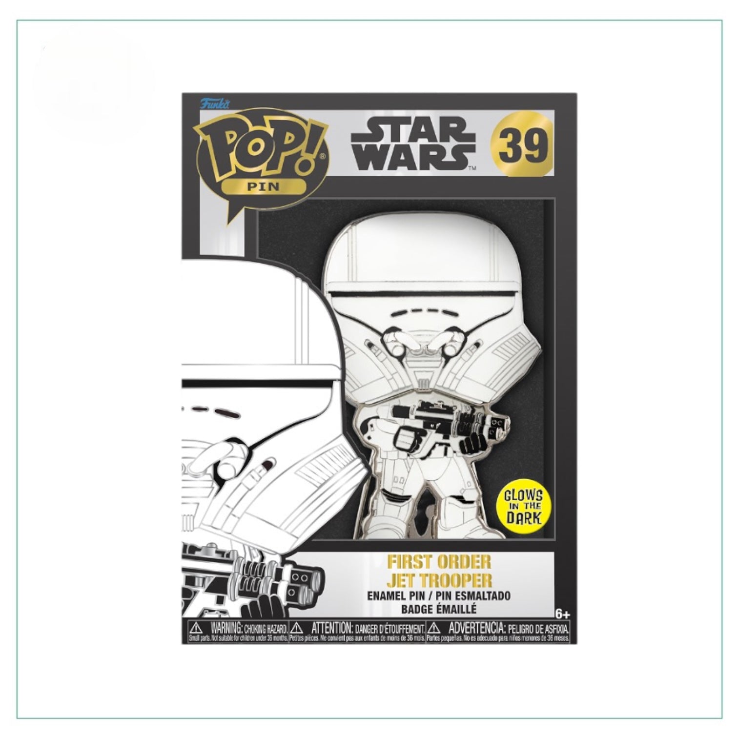 First Order Jet Trooper #39 Funko enamel pin, glow in the dark feature, part of Star Wars collection, includes chance of chase.