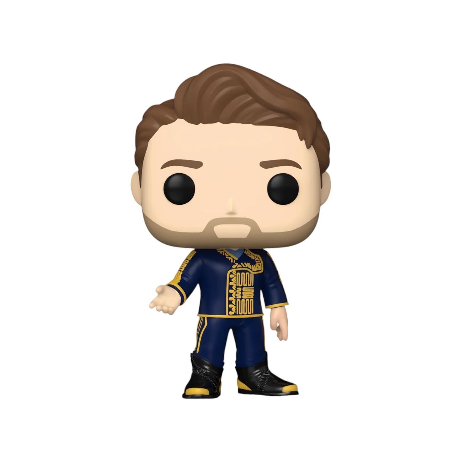 Character of Fiyero wearing a blue suit with gold detailed trim, with black boots, posing with his right hand slightly raised depicting the gester of offering