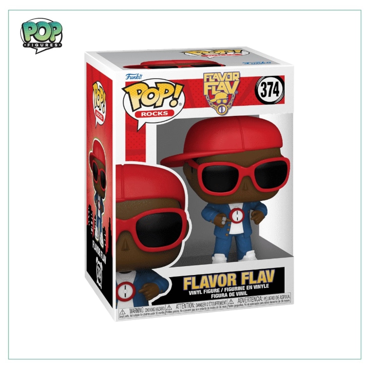 Funko Pop! figure of Flavor Flav #374, featuring his iconic style and vibrant colors, perfect for collectors and fans.