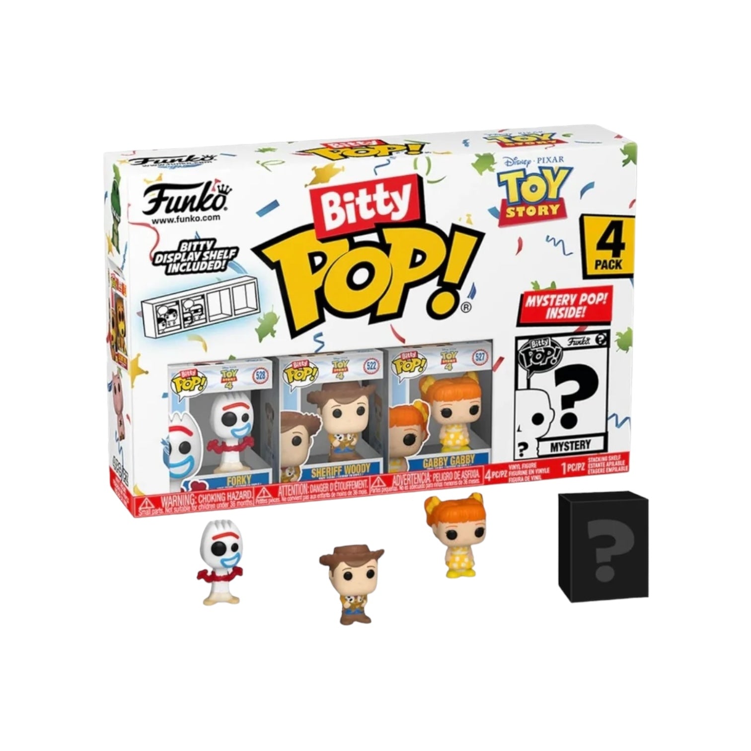 A 4-pack of Bitty POP! figures featuring Forky from Toy Story, with a chance to find a rare chase figure included.