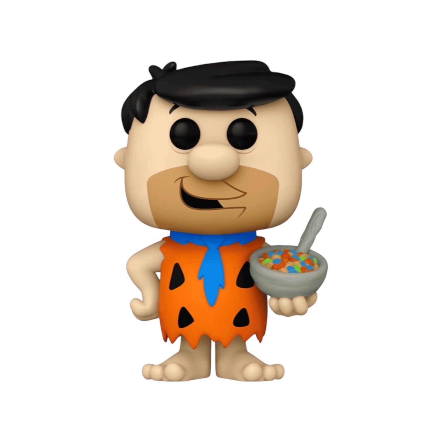 Classic Fred Flinstone in his orange attire holding a bowl of Fruity pebbles cereal