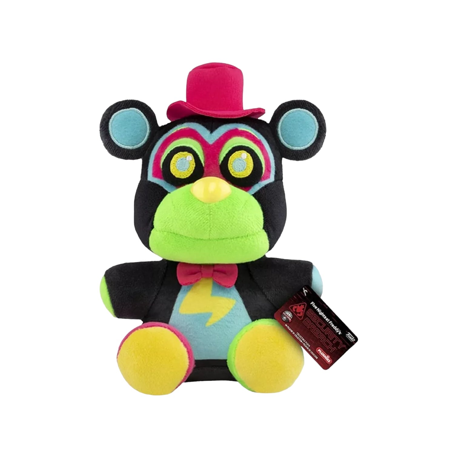 7" Freddy Fazbear Funko Plush from Five Nights At Freddy's: Security Breach, showcasing a colorful blacklight theme.