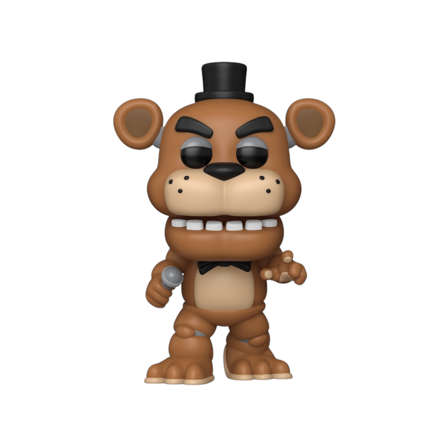 all brown Freddy Fazbear figure wearing a black top hat and bow tie holding a microphone