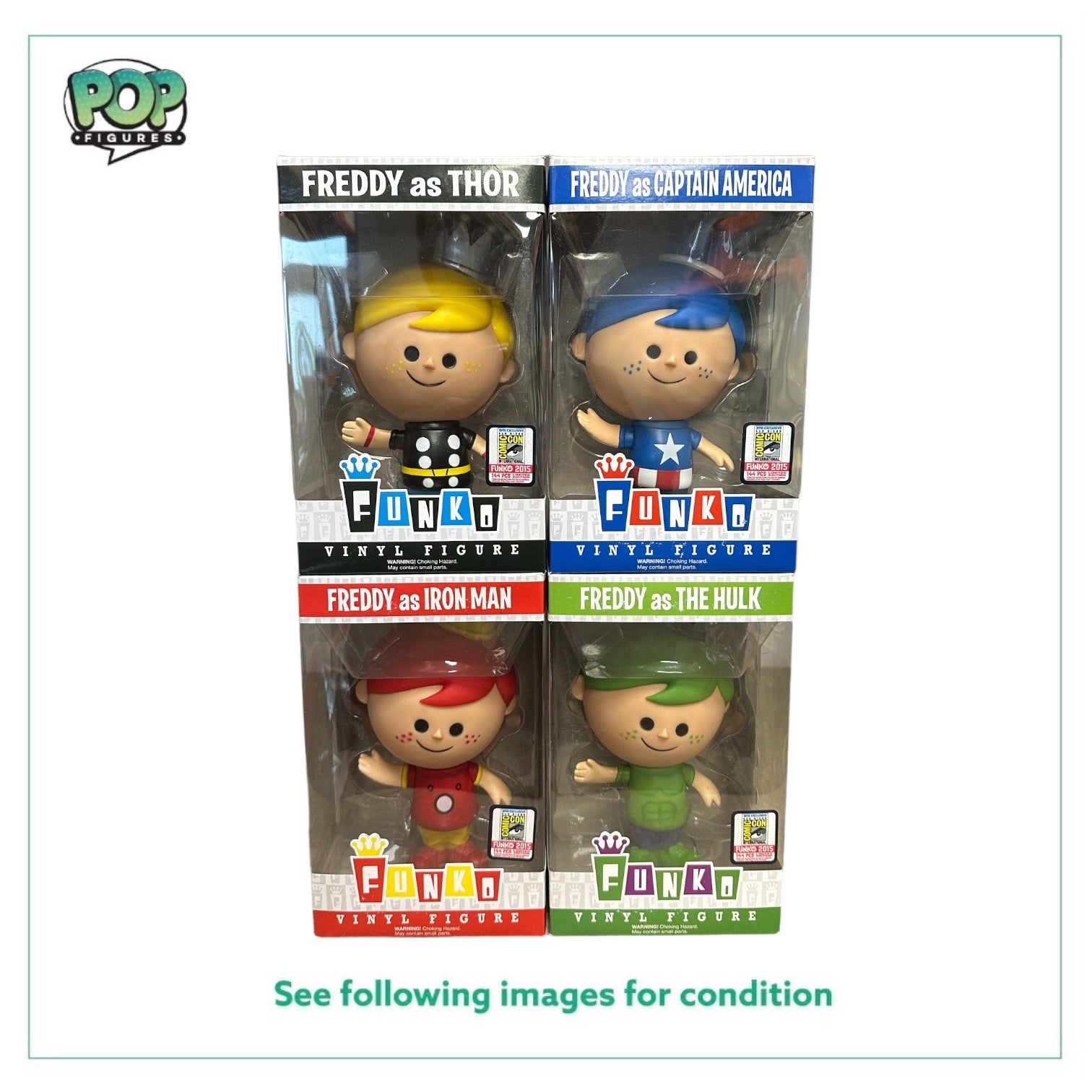 Freddy Funko Avengers Retro Vinyl Figure Set, SDCC 2015 Exclusive, limited edition of 144 pieces, condition varies.