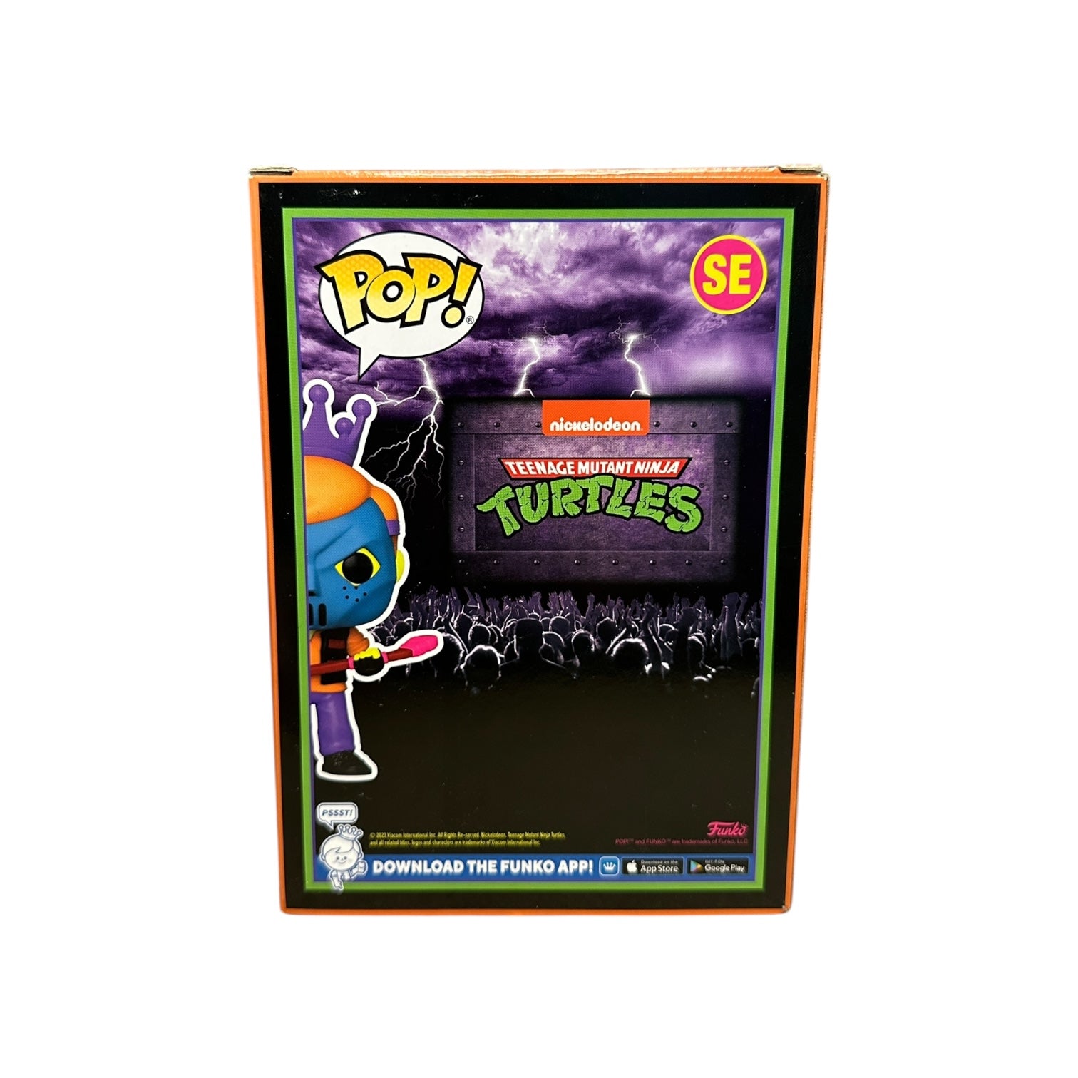 Funko Pop! Teenage Mutant Ninja Turtles packaging with purple background and character illustration.