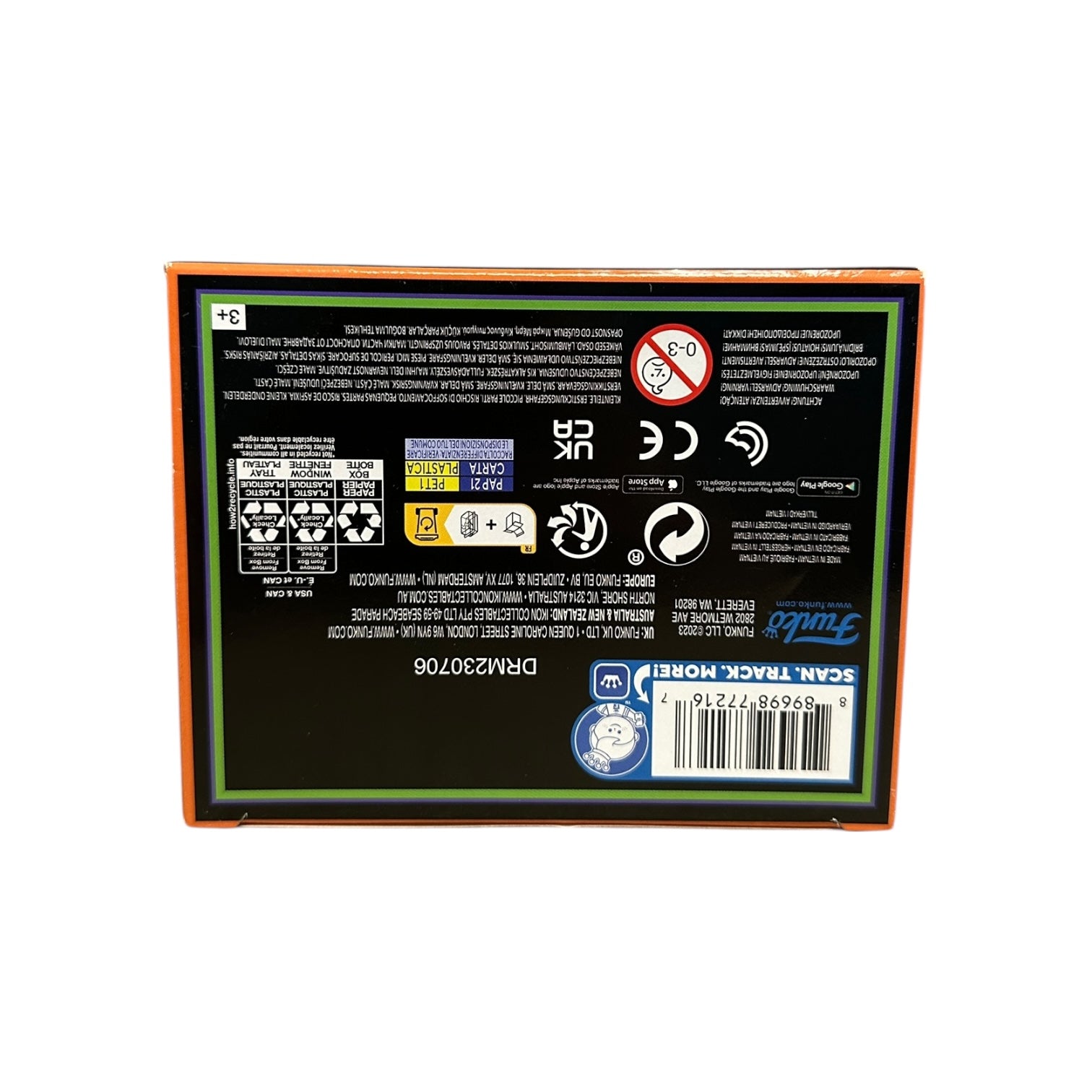 Back view of a product packaging with labels and symbols on a white background