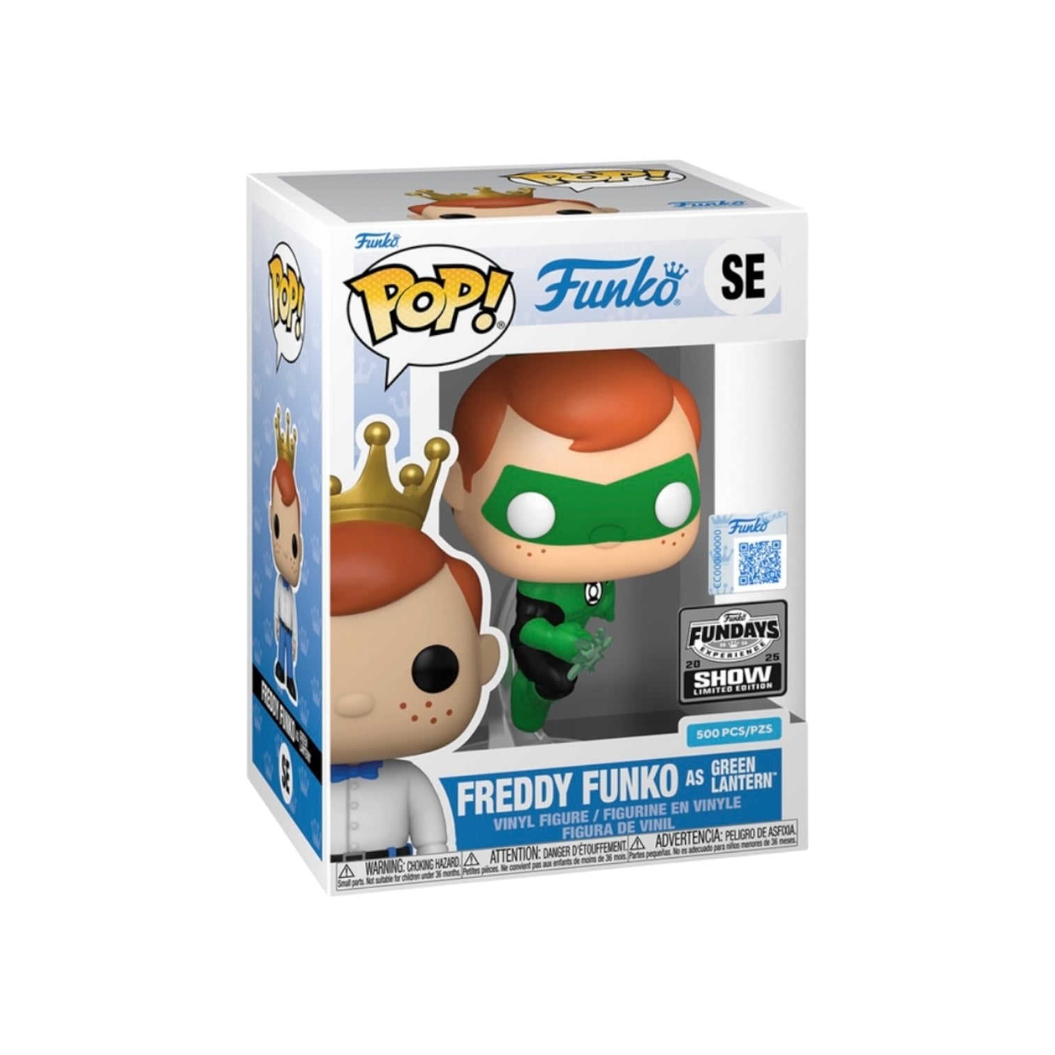 Funko Pop! vinyl figure packaging with Freddy Funko as Green Lantern on a white background