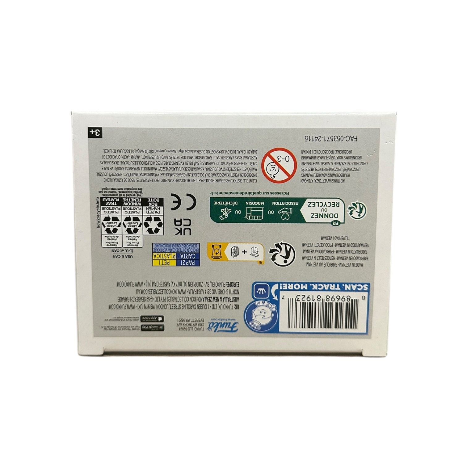 Back view of a product packaging with various labels and symbols on a white background