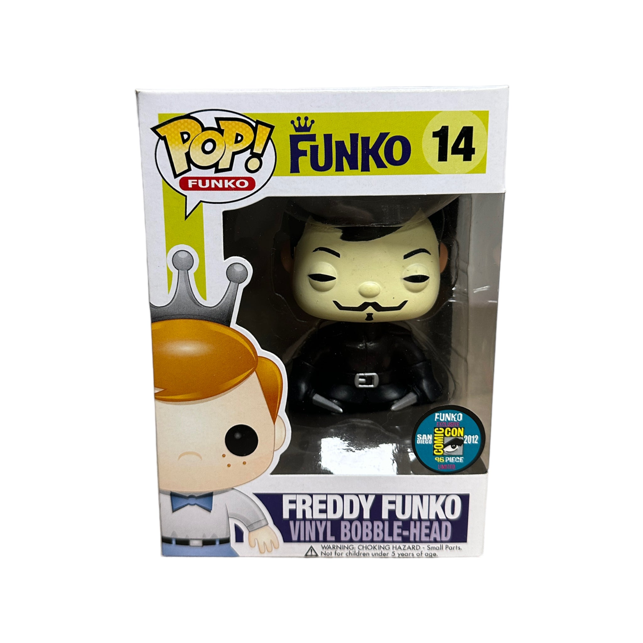 Freddy Funko as V for Vendetta #14 Funko Pop!, SDCC 2012 Exclusive, LE 96 pcs, rated 8.75/10 for condition.