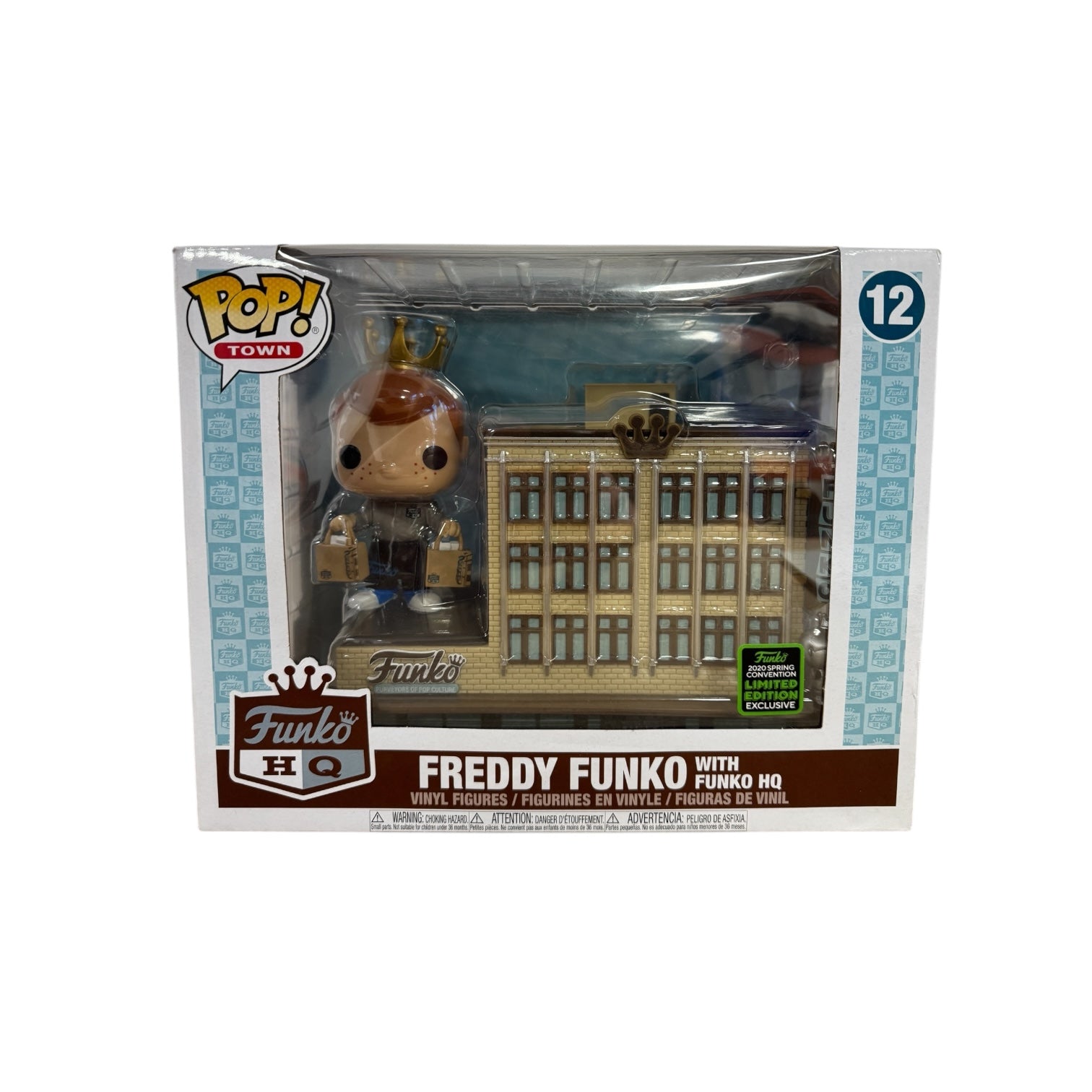 Freddy Funko with shopping bags standing next to Funko HQ building