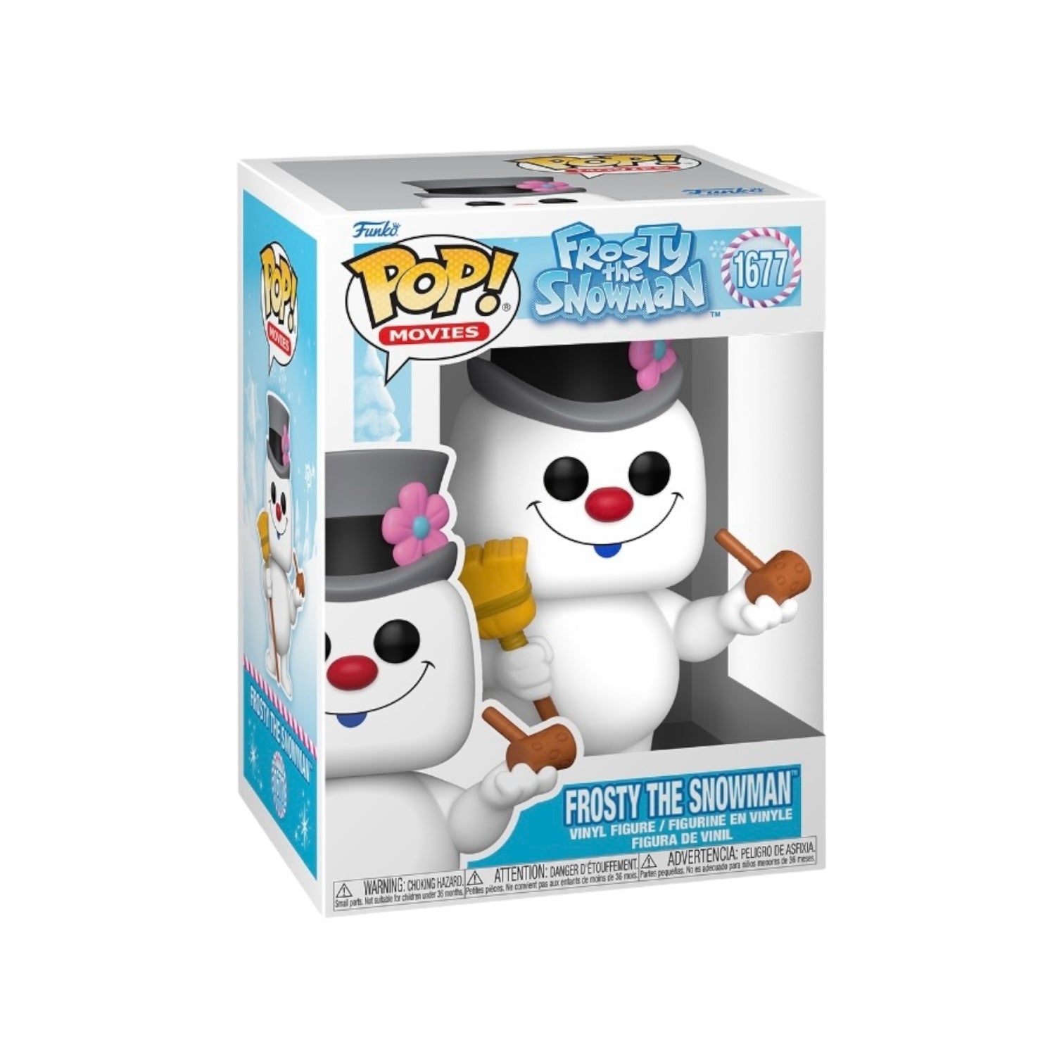 Funko Pop! #1677 features Frosty the Snowman, a jolly character with a classic top hat and colorful scarf for collectors.